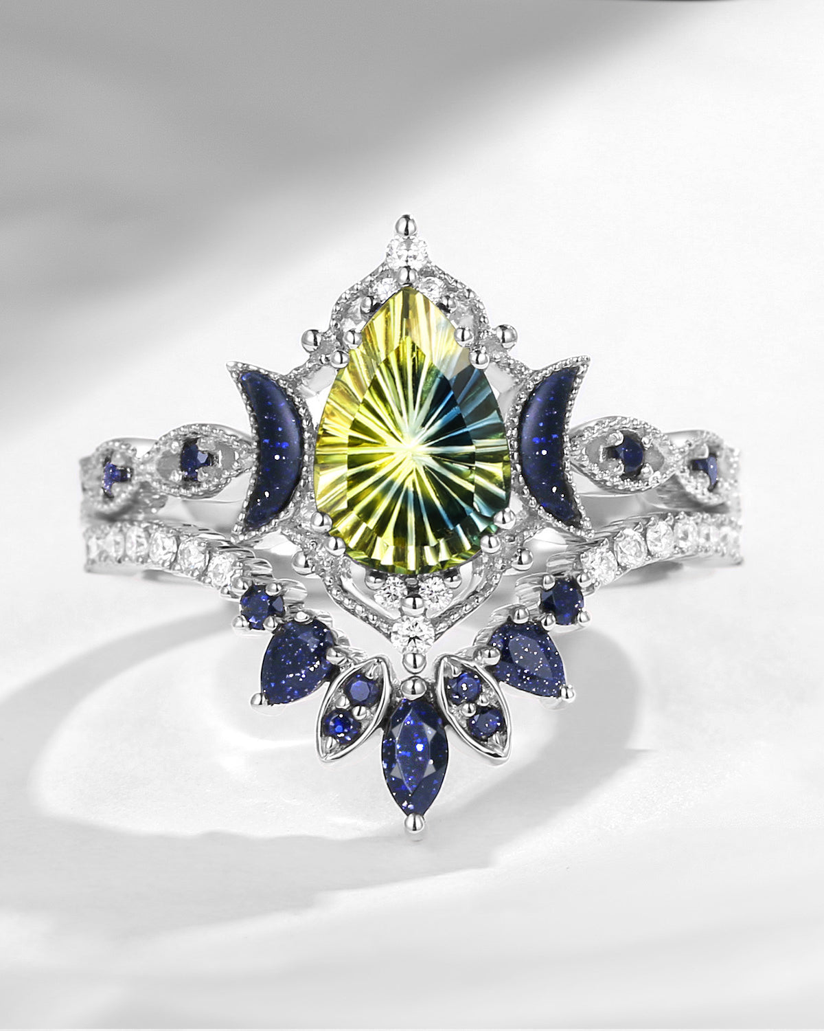 Crescent Moon | Pear Fantasy Cut Natural Multi-Colored Sapphire 'Ultra Galaxy' Engagement Ring Set 2pcs