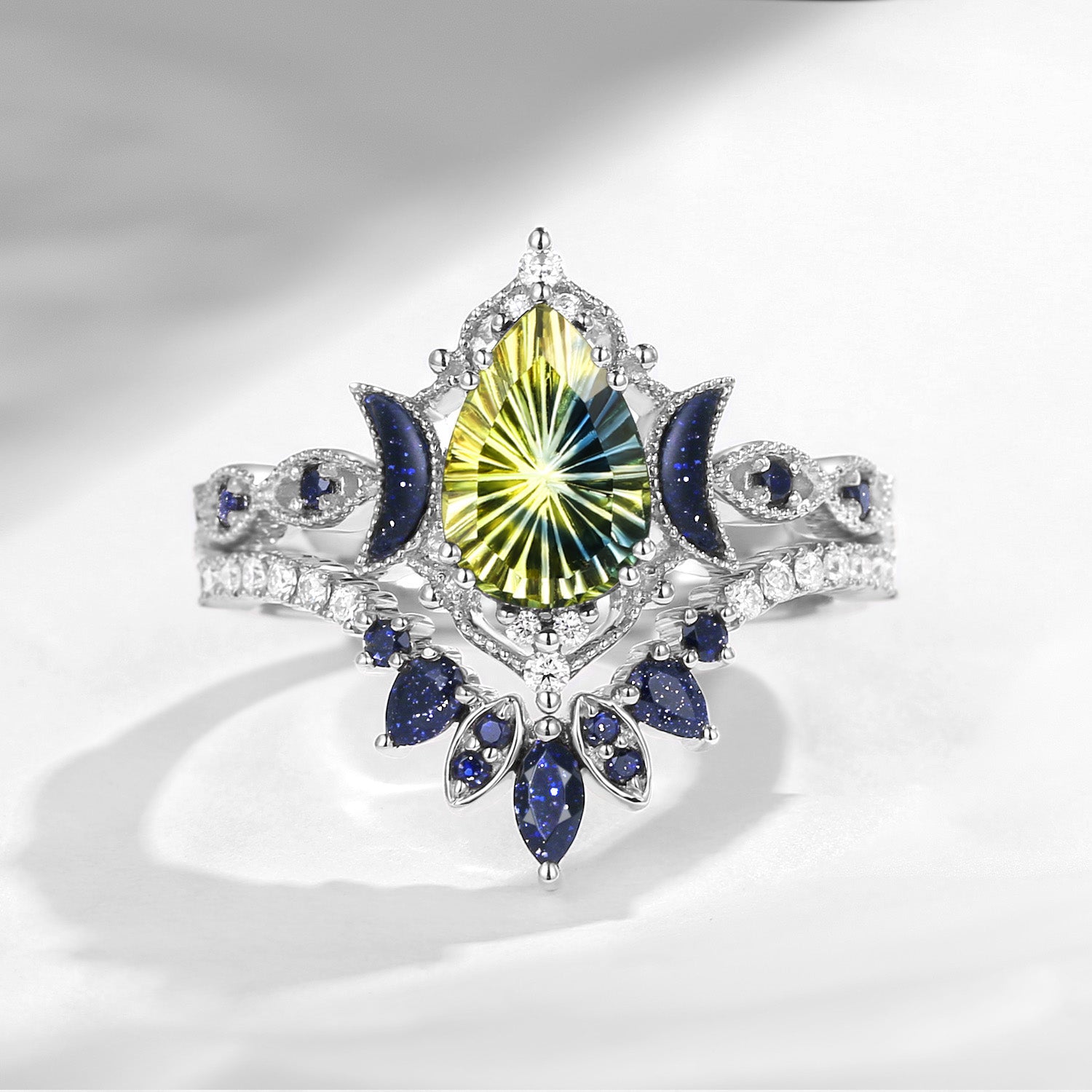 Crescent Moon | Pear Fantasy Cut Natural Multi-Colored Sapphire 'Ultra Galaxy' Engagement Ring Set 2pcs