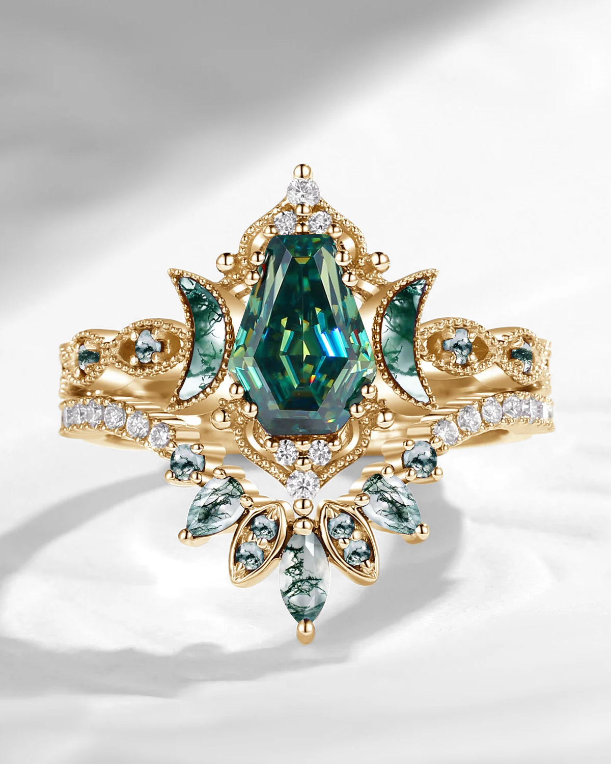 Crescent Moon | Coffin Cut Teal Moissanite 'Ultra Galaxy' Engagement Ring Set 2pcs