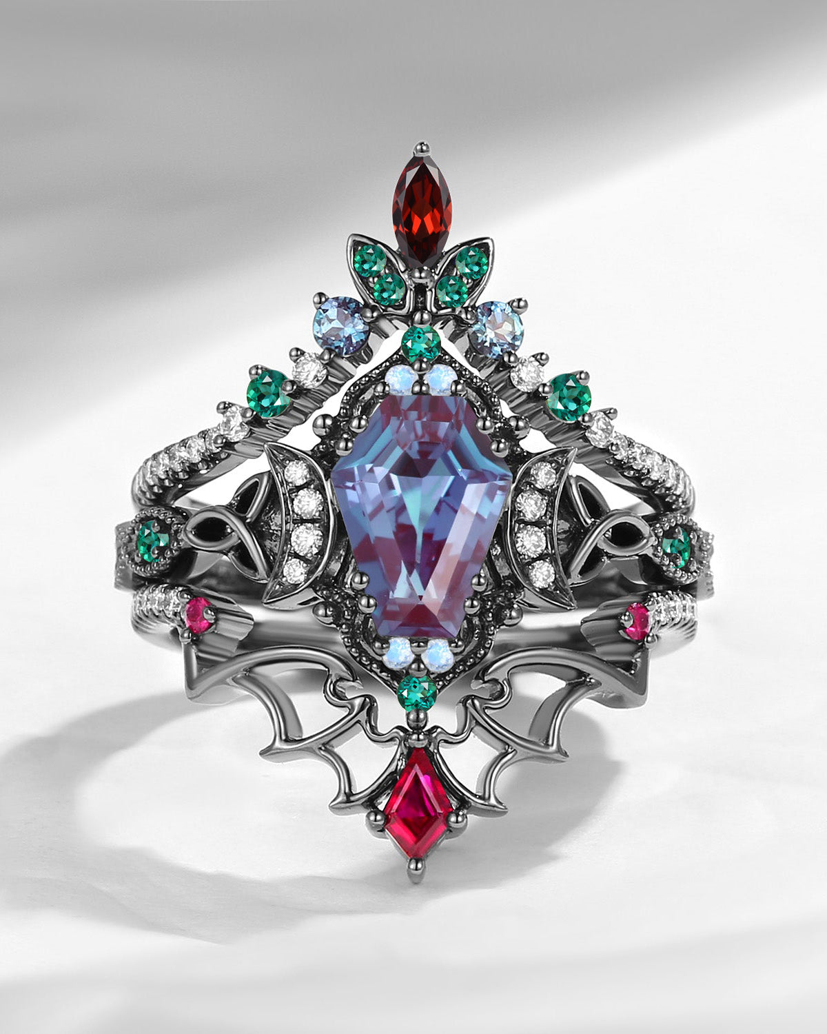 Crescent Moon | Unique Gothic Coffin Lab Alexandrite Black Gold Celtic Knot Ring Set 3pcs