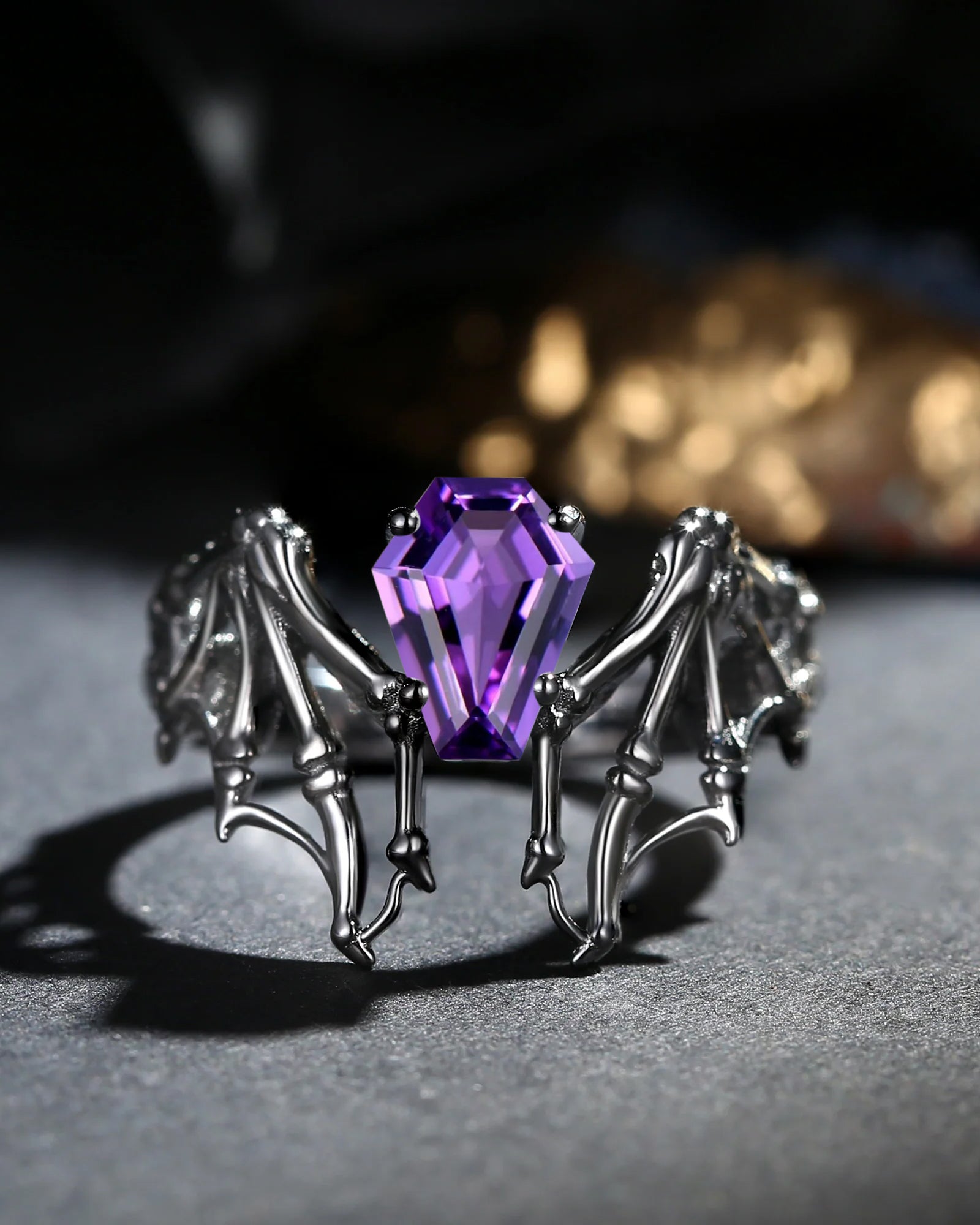 Amethyst Coffin Cut Vintage Inspired Black Gold Engagement Ring - Bat Ring