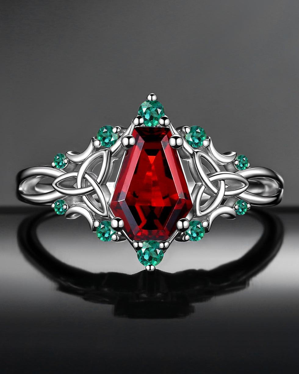 Celtic Moon | Unique Gothic Coffin Cut Garnet Celtic Engagement Ring