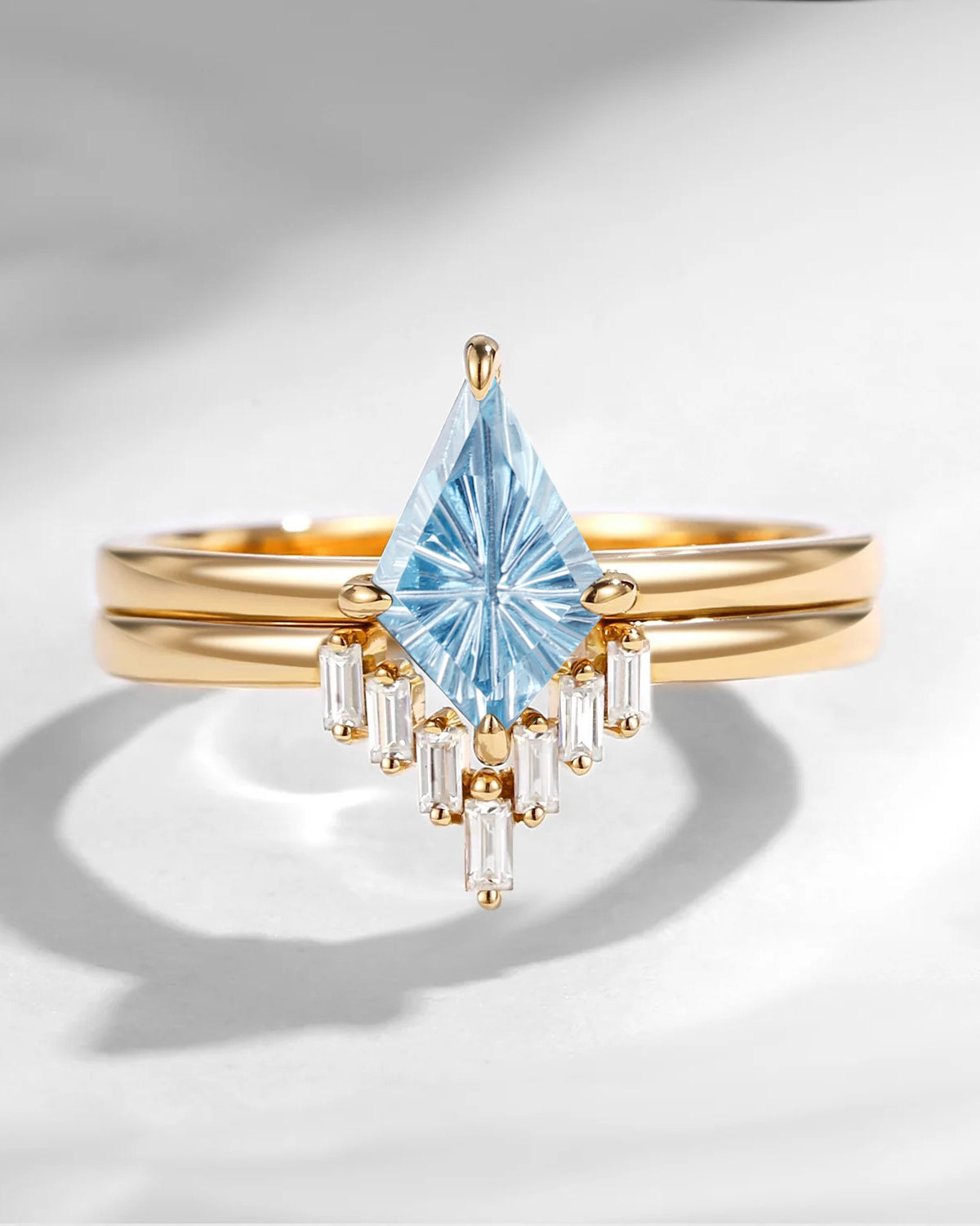 Classic Fantasy Cut Kite Shaped Natural Aquamarine Engagement Ring 2pcs