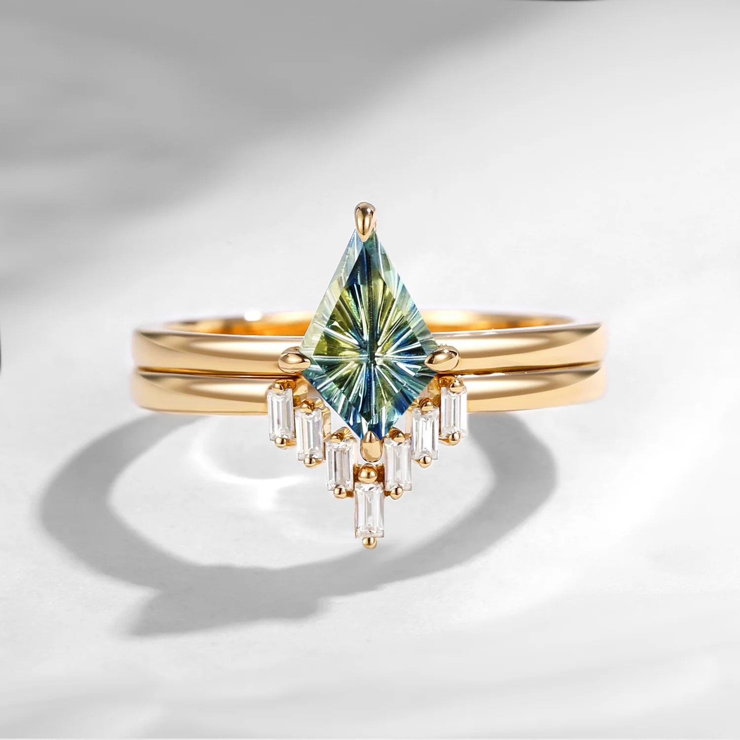 Classic Fantasy Cut Kite Shaped Natural Multi-Colored Sapphire Engagement Ring 2pcs