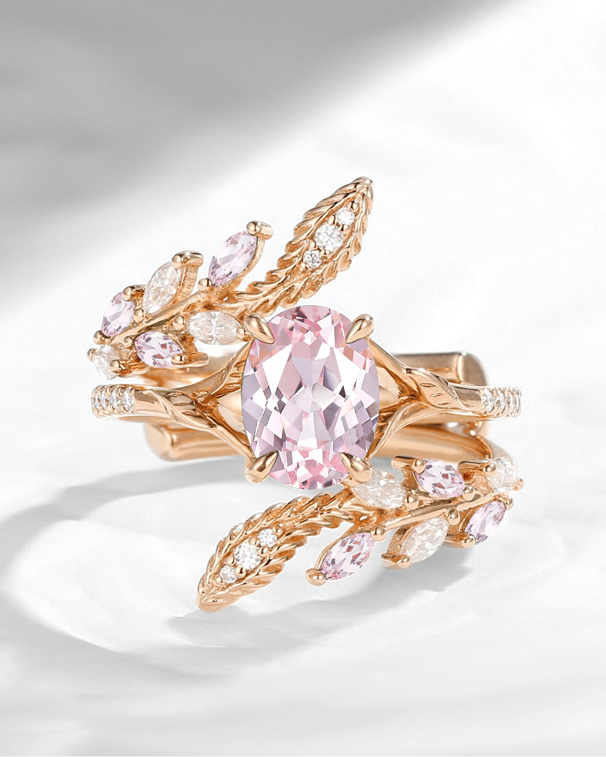 Nature Inspired Oval Lab Pink Sapphire Snake Twist Cage Ring Set 2pcs - Serpent's Embrace