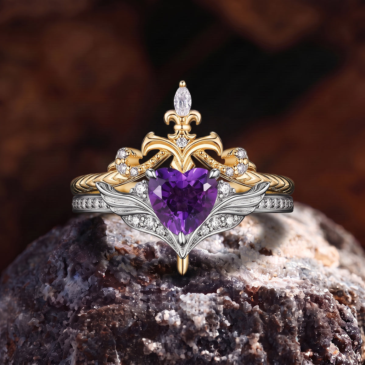 Heart & Sword - Gothic Heart Cut Purple Amethyst Two-Tone Engagement Ring Set with Wing-Inspired Band