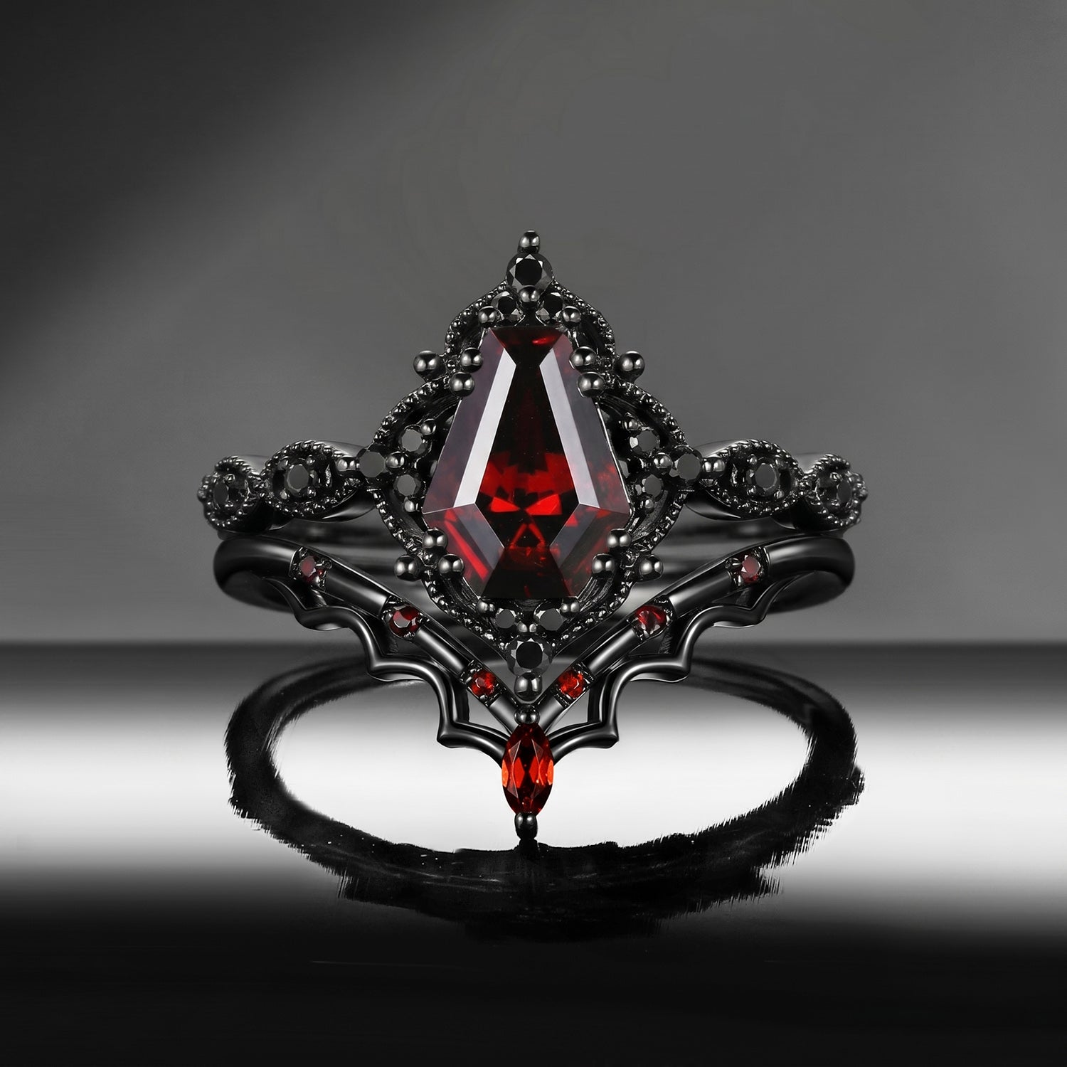 'Bat's Whisper' - Gothic Coffin Cut Garnet Alternative Bridal Engagement Ring Set with Bat Wings in Black Gold