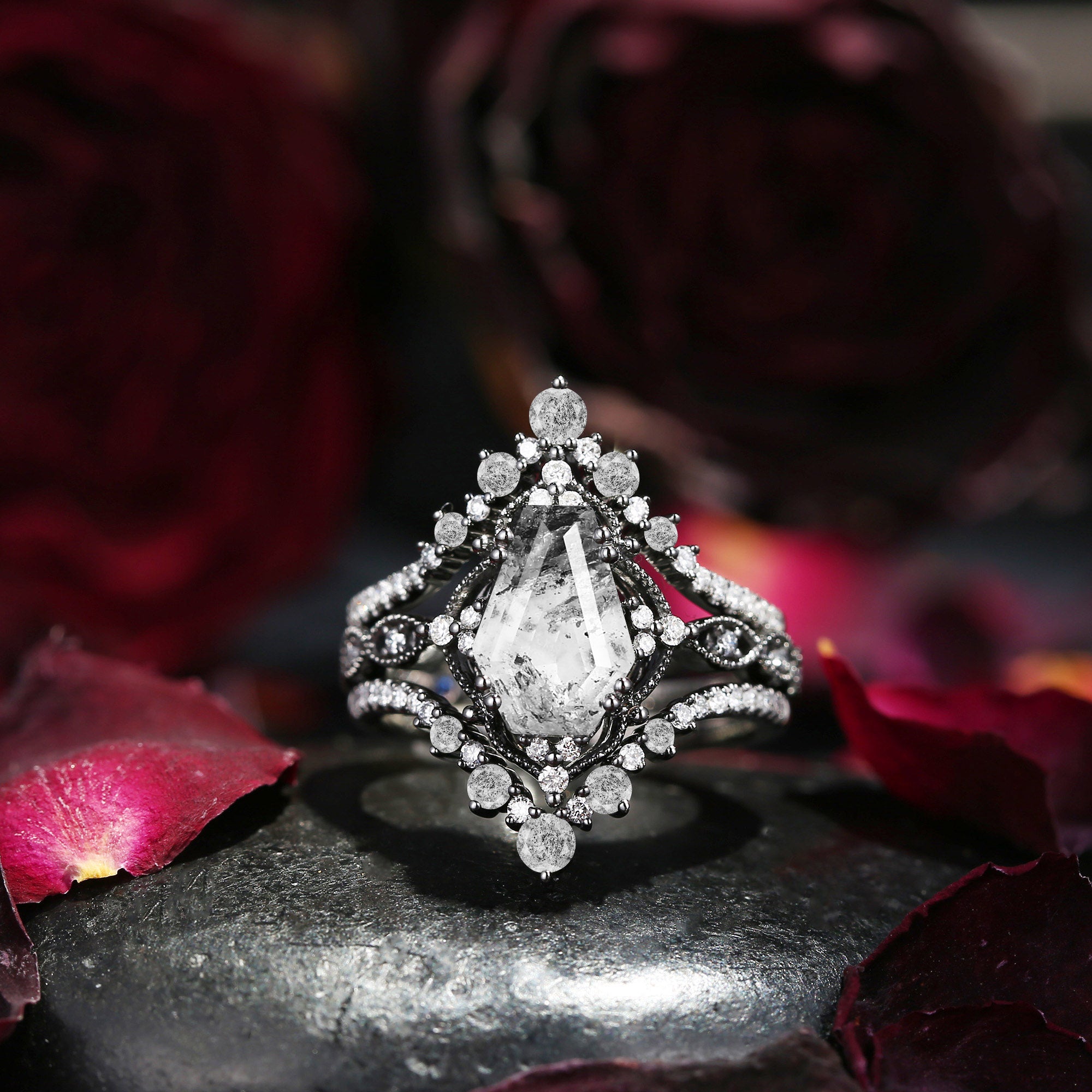 Vintage Inspired Coffin Cut Herkimer Diamond Black Gold Ring Bridal Set 3pcs