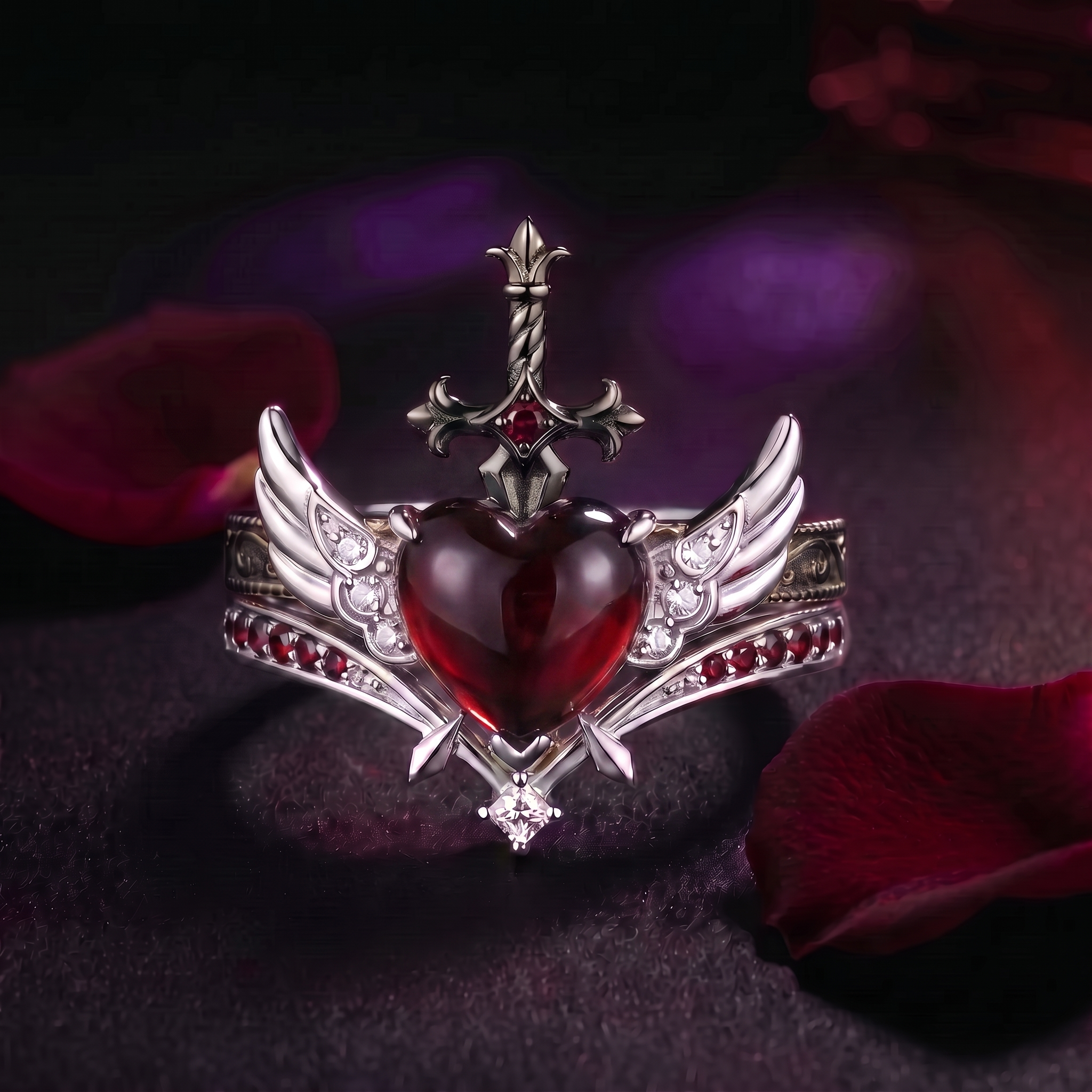Heart & Sword - Gothic Cabochon Heart Cut Garnet Two-Tone Bridal Set with Angel Wing-inspired Band