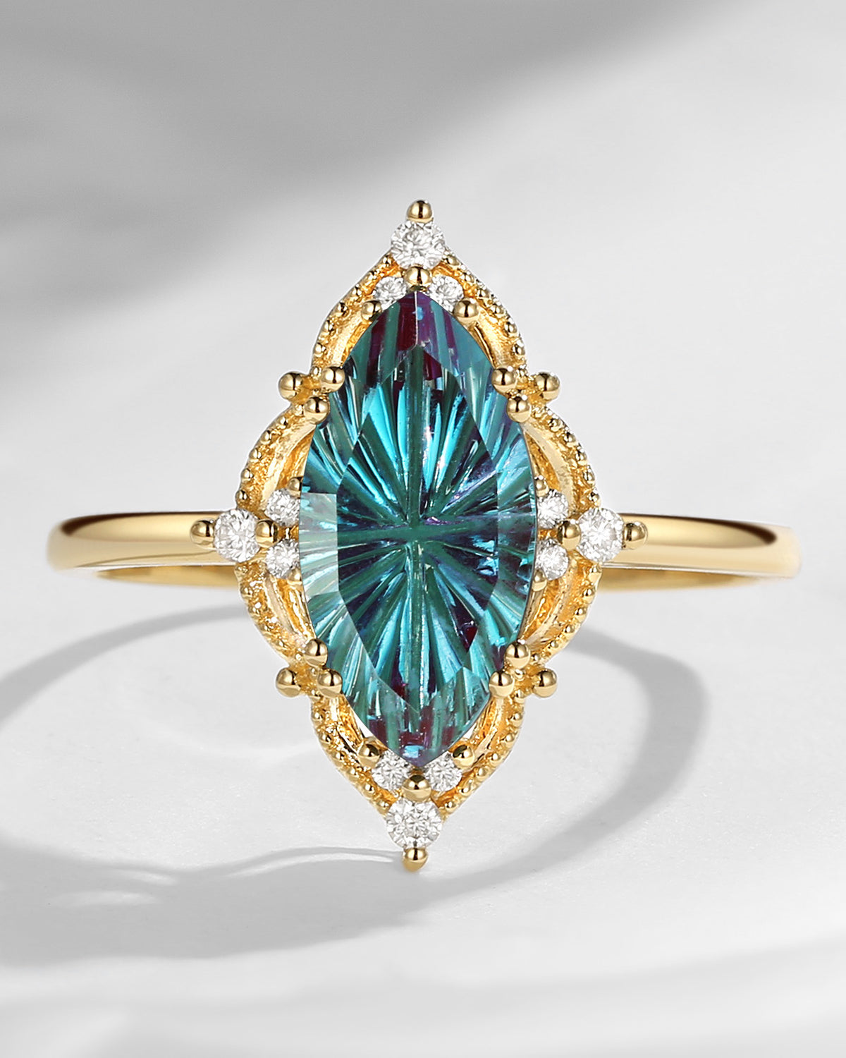 Fantasy Cut Alexandrite Marquise Vintage Inspired Moissanite Engagement Ring