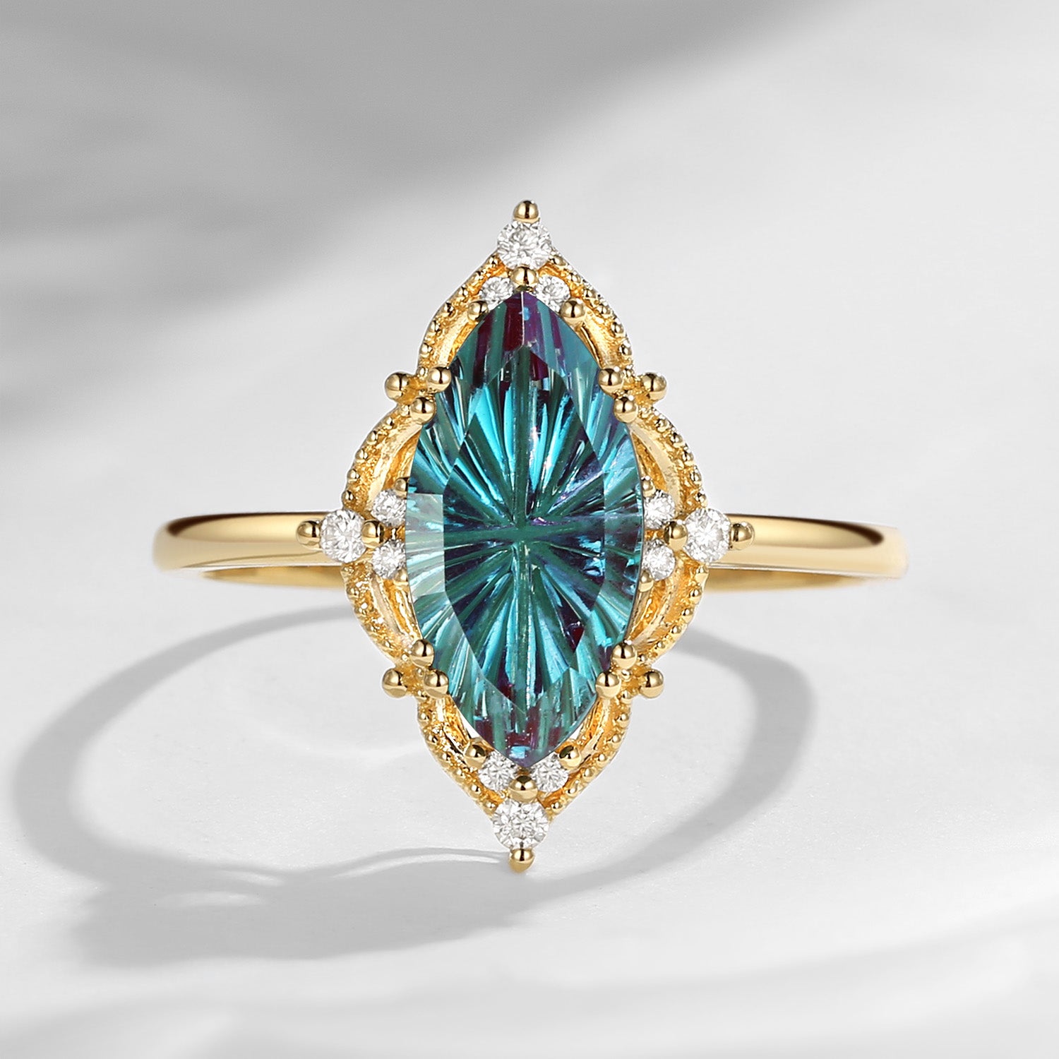 Fantasy Cut Alexandrite Marquise Vintage Inspired Moissanite Engagement Ring