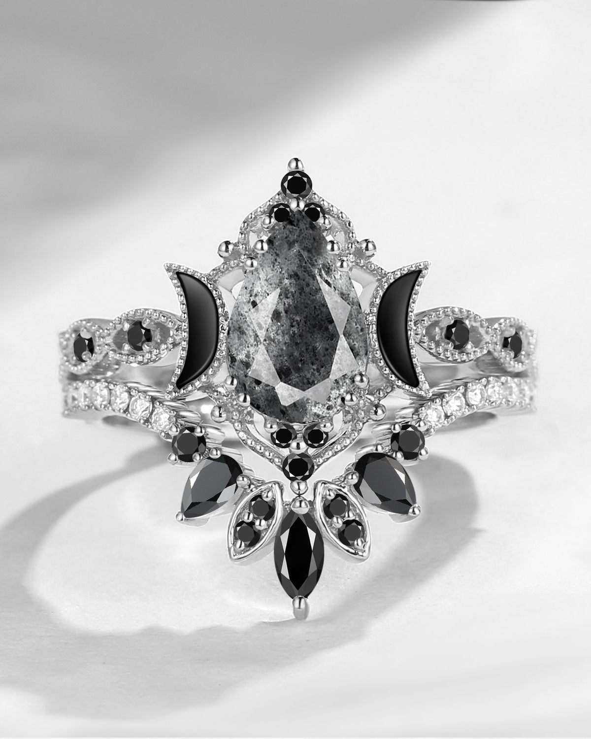 Crescent Moon | Pear Cut Herkimer Diamond 'Ultra Galaxy' Engagement Ring Set 2pcs