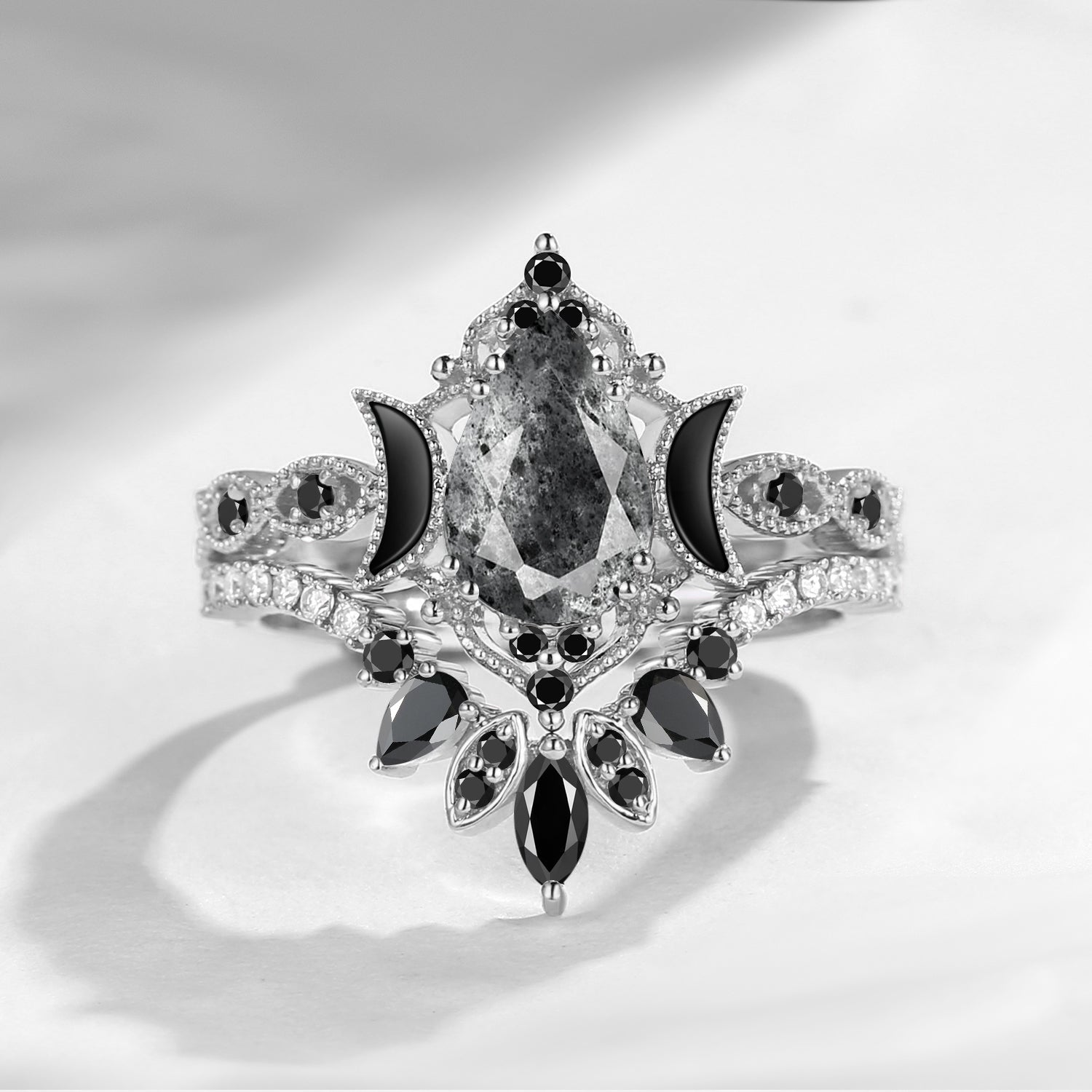 Crescent Moon | Pear Cut Herkimer Diamond 'Ultra Galaxy' Engagement Ring Set 2pcs