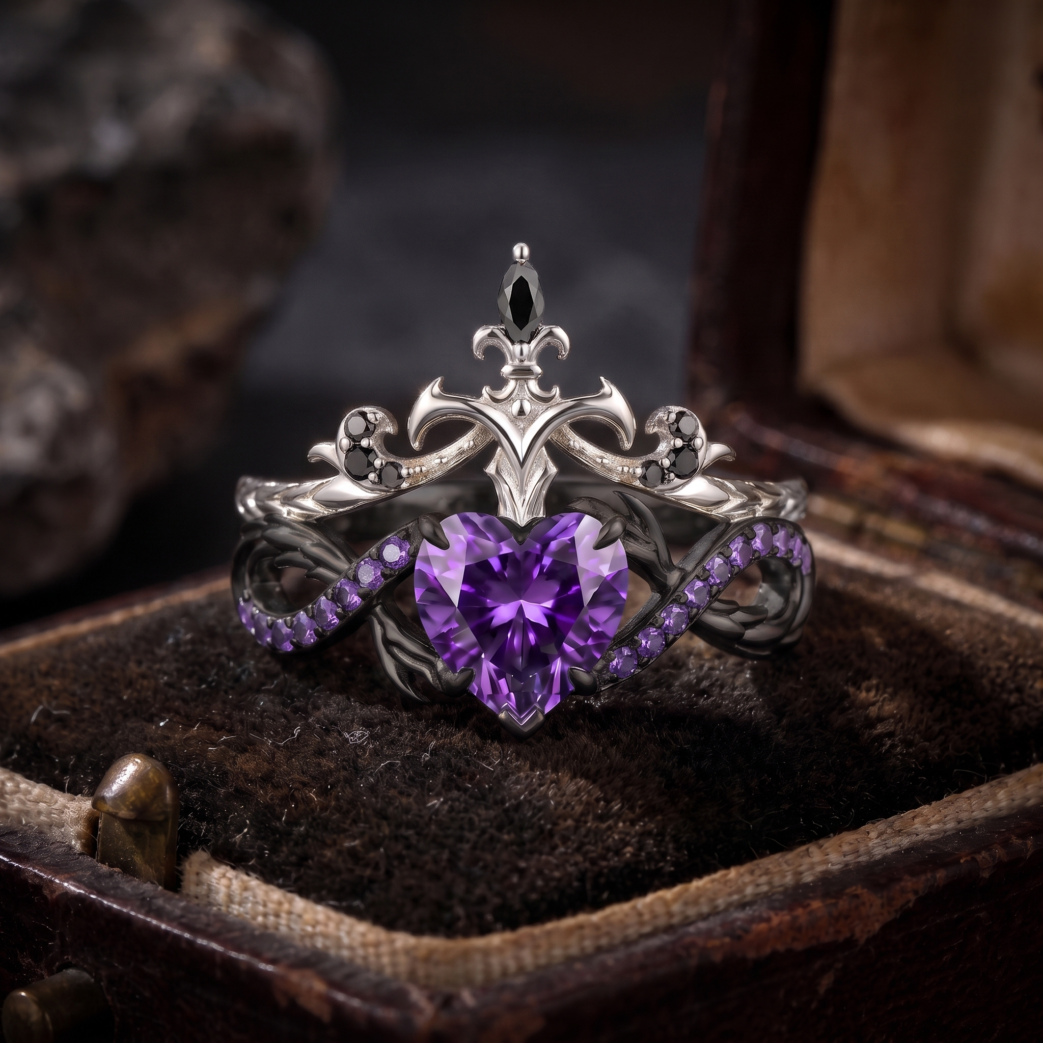 Heart & Sword - Gothic Heart Cut Purple Moissanite Infinity Bridal Set with Twisted Dragon-inspired Band