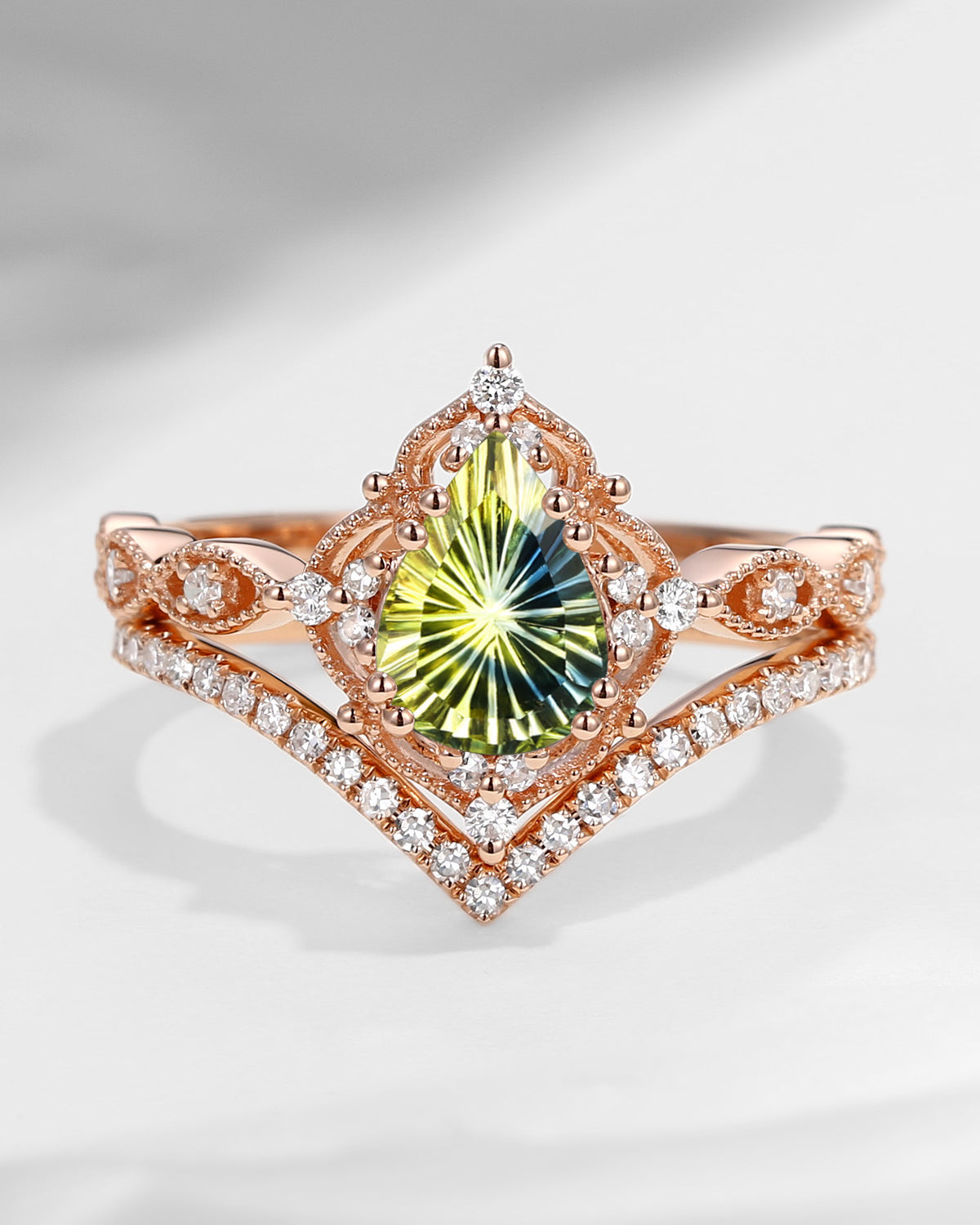 Fantasy Carved Pear Shaped Natural Multi-Colored Sapphire Engagement Ring Set 2pcs - Evelyn