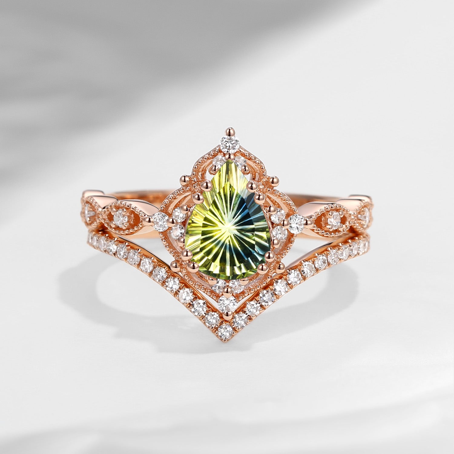 Fantasy Carved Pear Shaped Natural Multi-Colored Sapphire Engagement Ring Set 2pcs - Evelyn