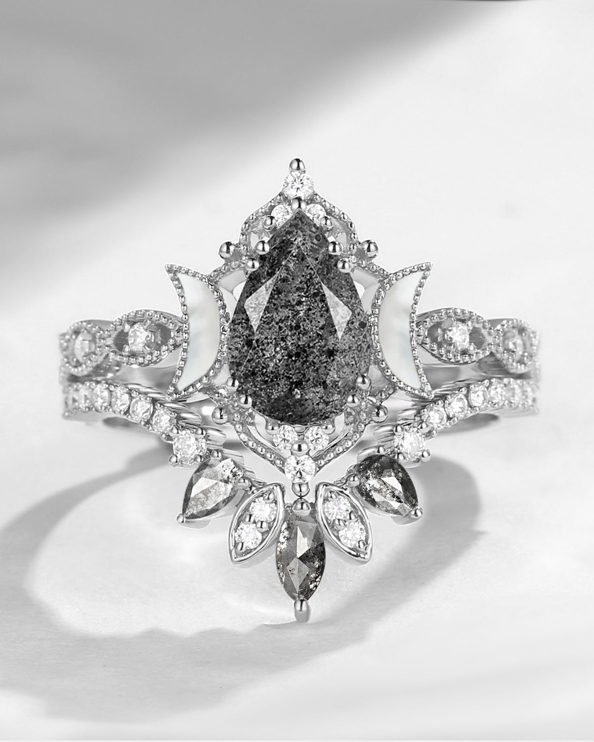 Crescent Moon | Pear Herkimer Diamond & Mother of Pearl Moon 'Ultra Galaxy' Engagement Ring Set 2pcs