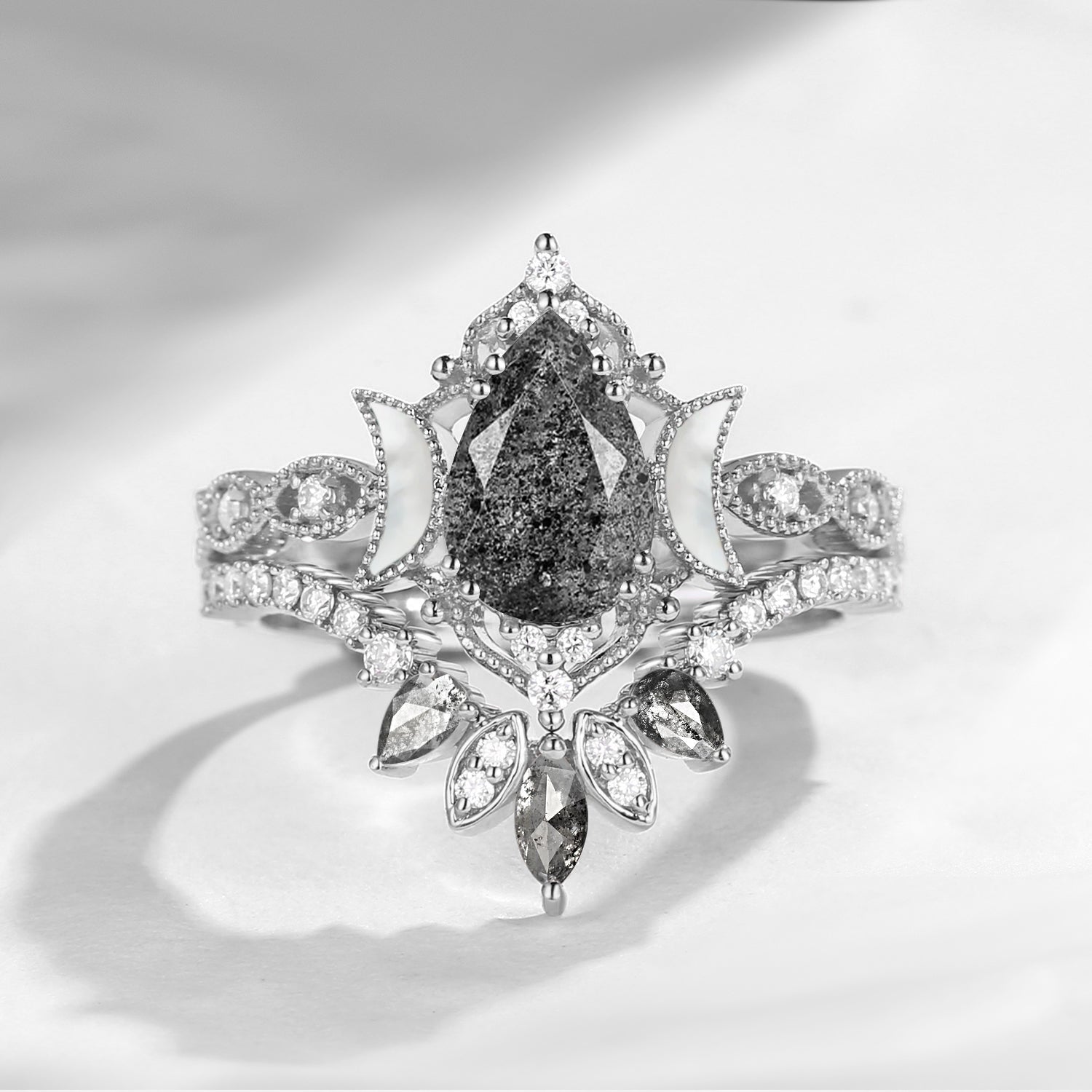 Crescent Moon | Pear Herkimer Diamond & Mother of Pearl Moon 'Ultra Galaxy' Engagement Ring Set 2pcs