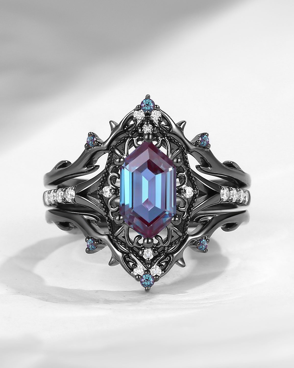 Gothic Inspired Hexagon Cut Lab Alexandrite Vampire Shield Engagement Ring Set 2pcs