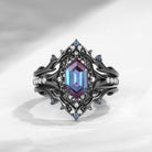 Gothic Inspired Hexagon Cut Lab Alexandrite Vampire Shield Engagement Ring Set 2pcs