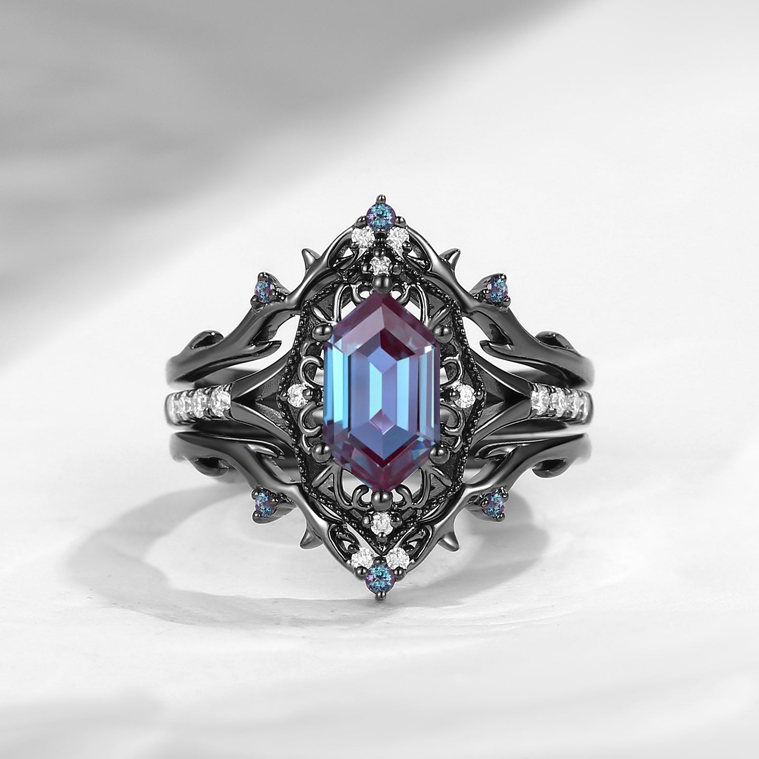 Gothic Inspired Hexagon Cut Lab Alexandrite Vampire Shield Engagement Ring Set 2pcs