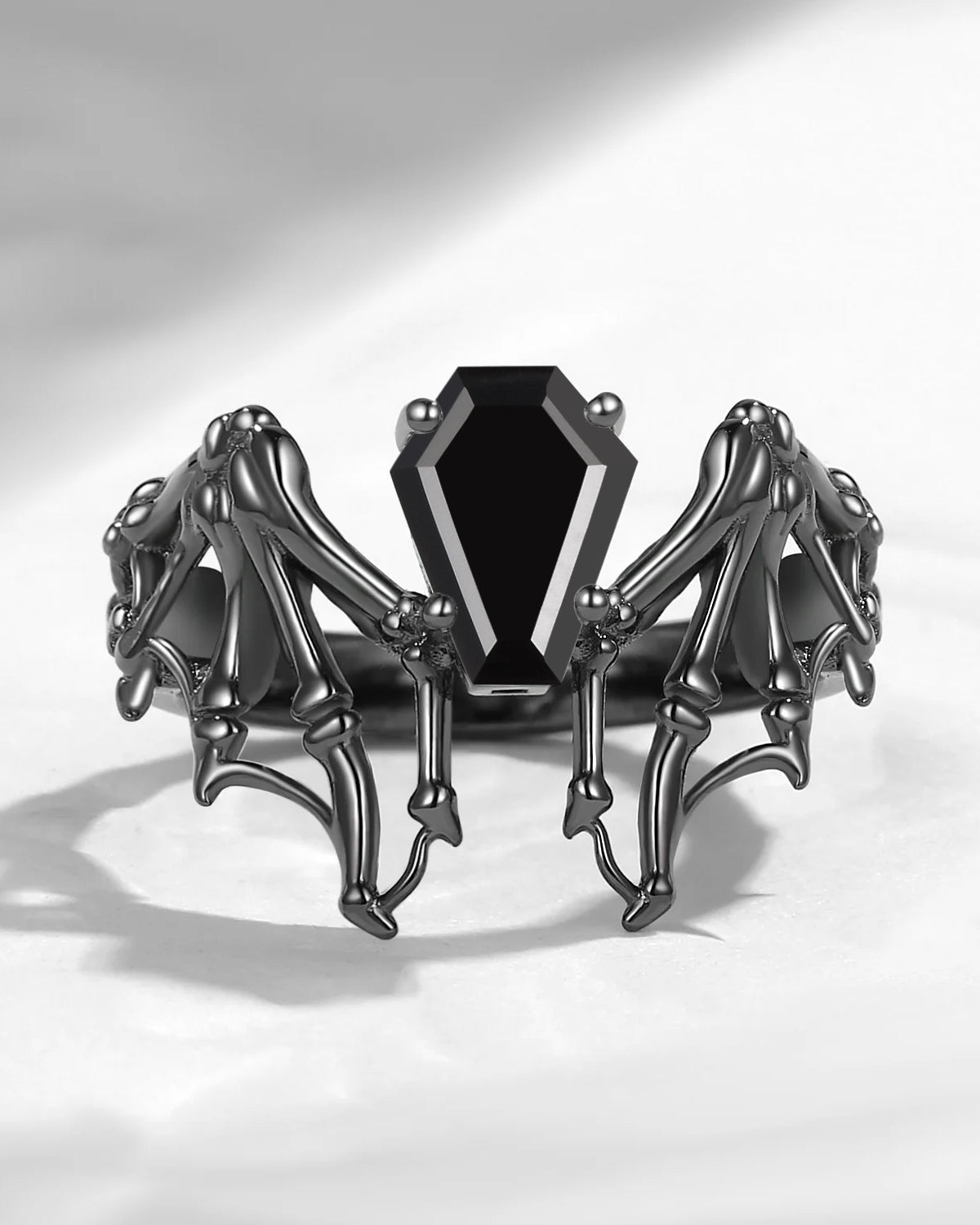 Black Moissanite Coffin Cut Vintage Inspired Black Gold Engagement Ring - Bat Ring