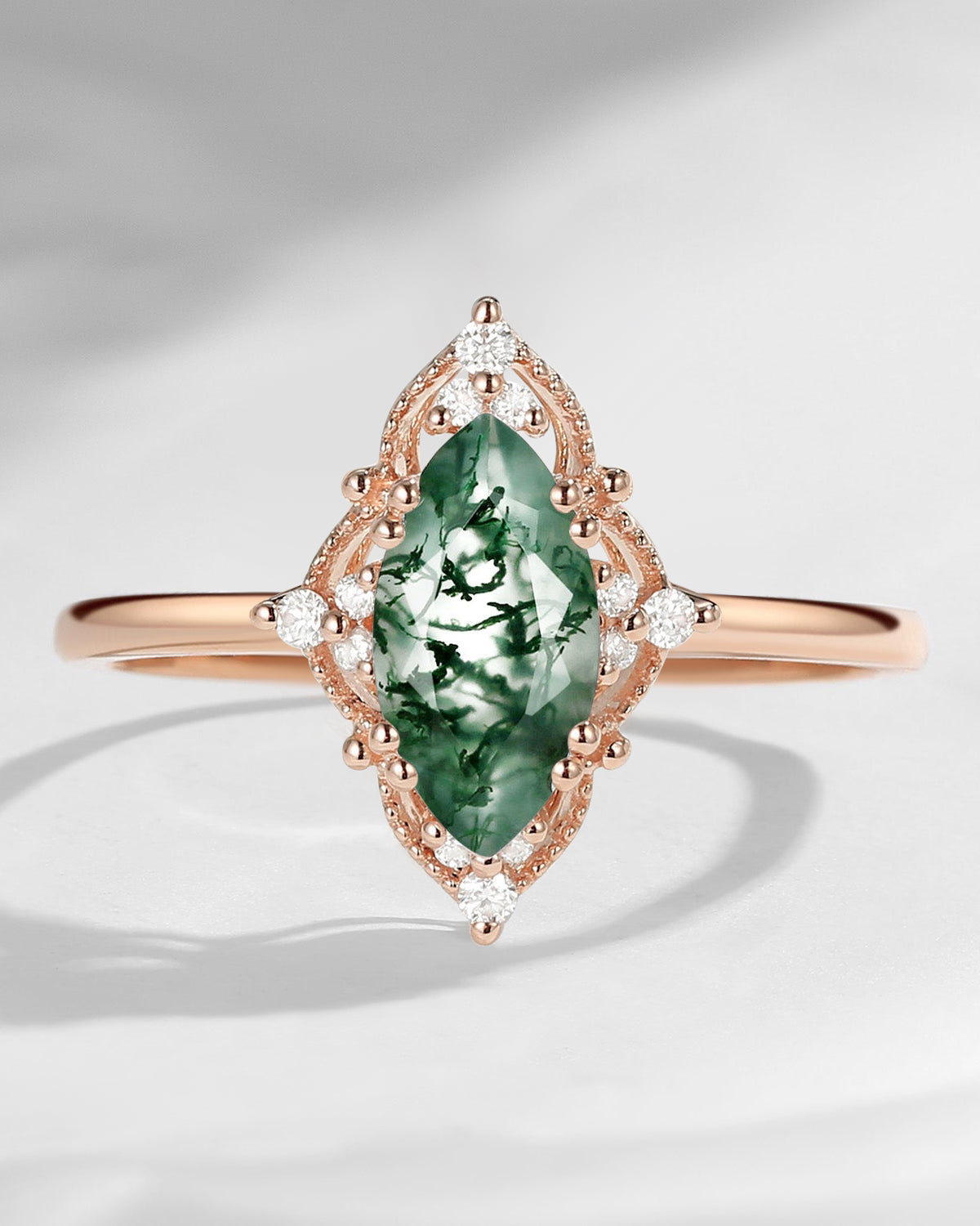 18K Marquise Vintage Inspired Moss Agate Engagement Ring