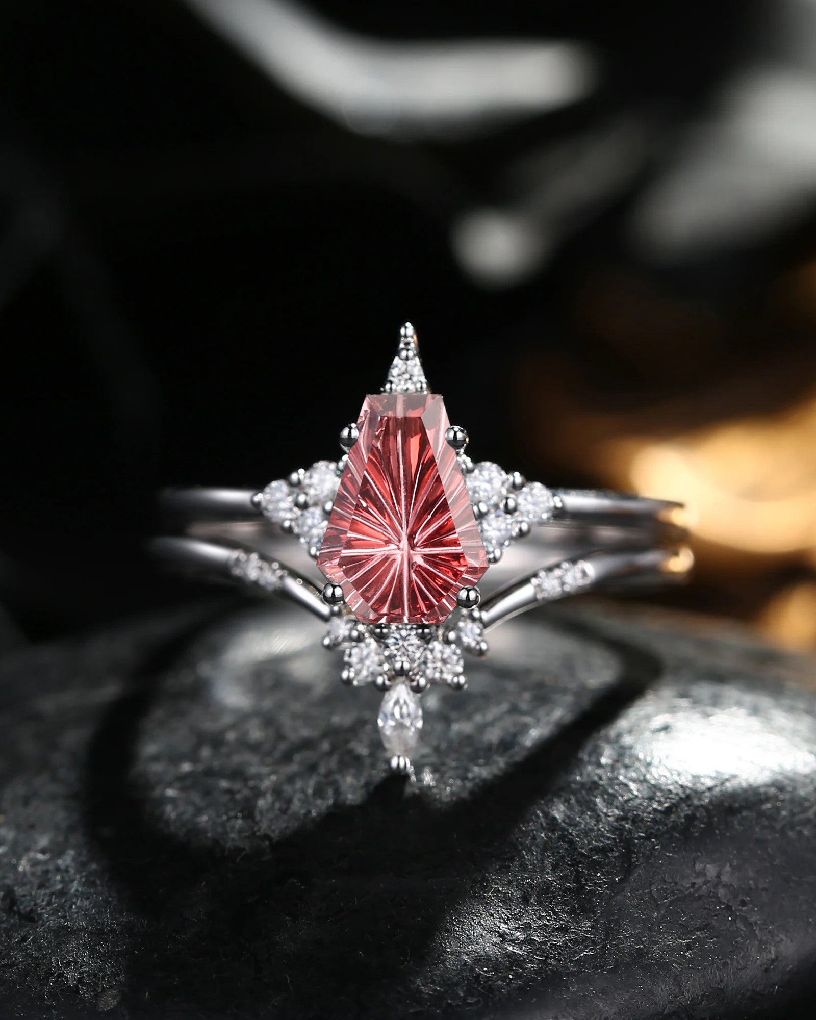 Unique Firework Cut Coffin Garnet Engagement Ring Set 2pcs - Coffin Kite