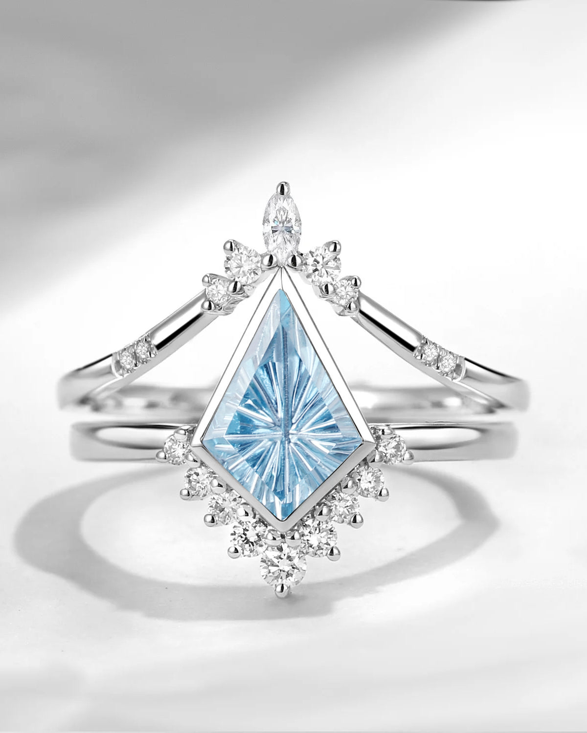 Fantasy Cut Kite Shaped Natural Aquamarine Bezel Engagement Ring Set 2pcs