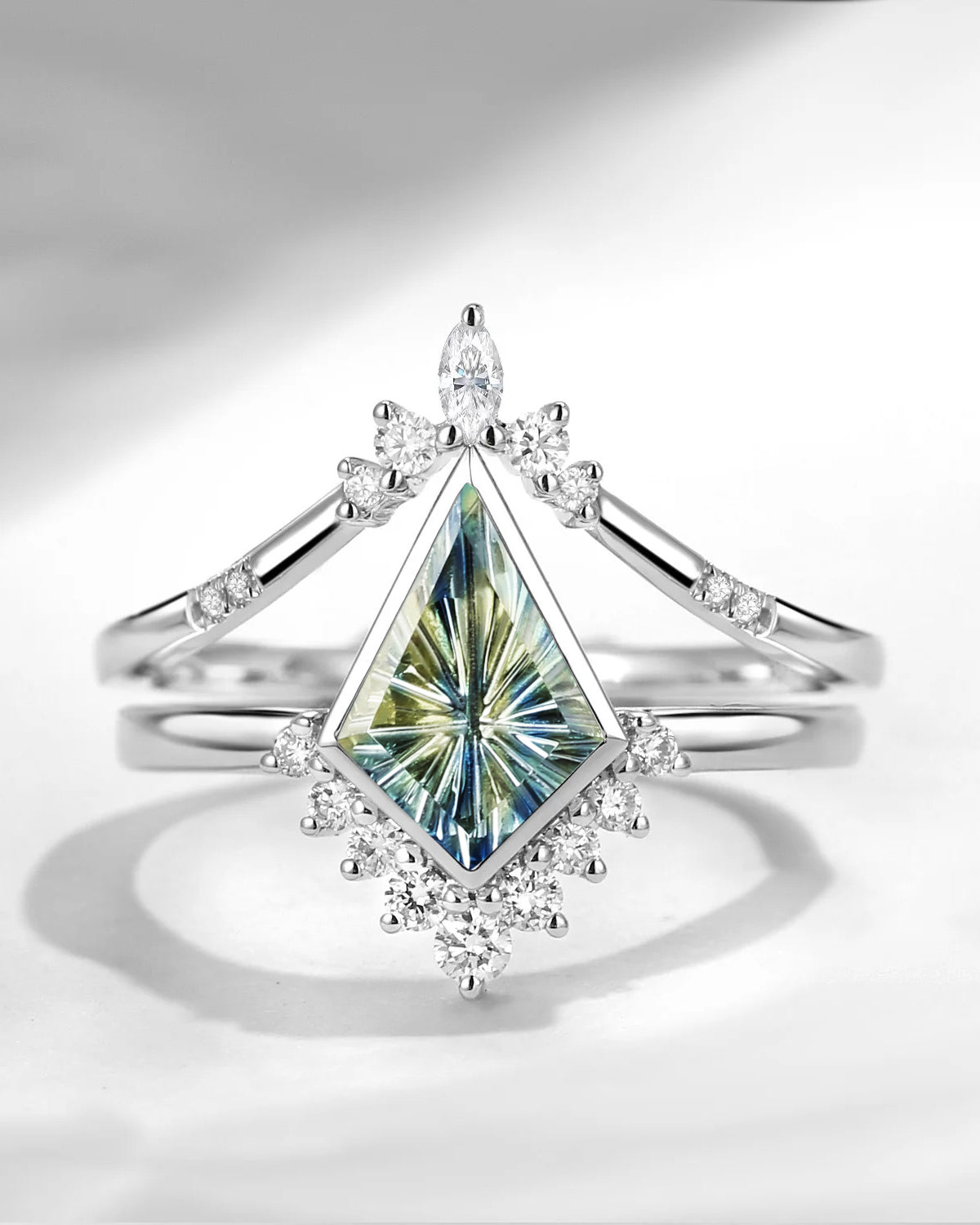 Fantasy Cut Kite Shaped Natural Multi-Colored Sapphire Bezel Engagement Ring Set 2pcs