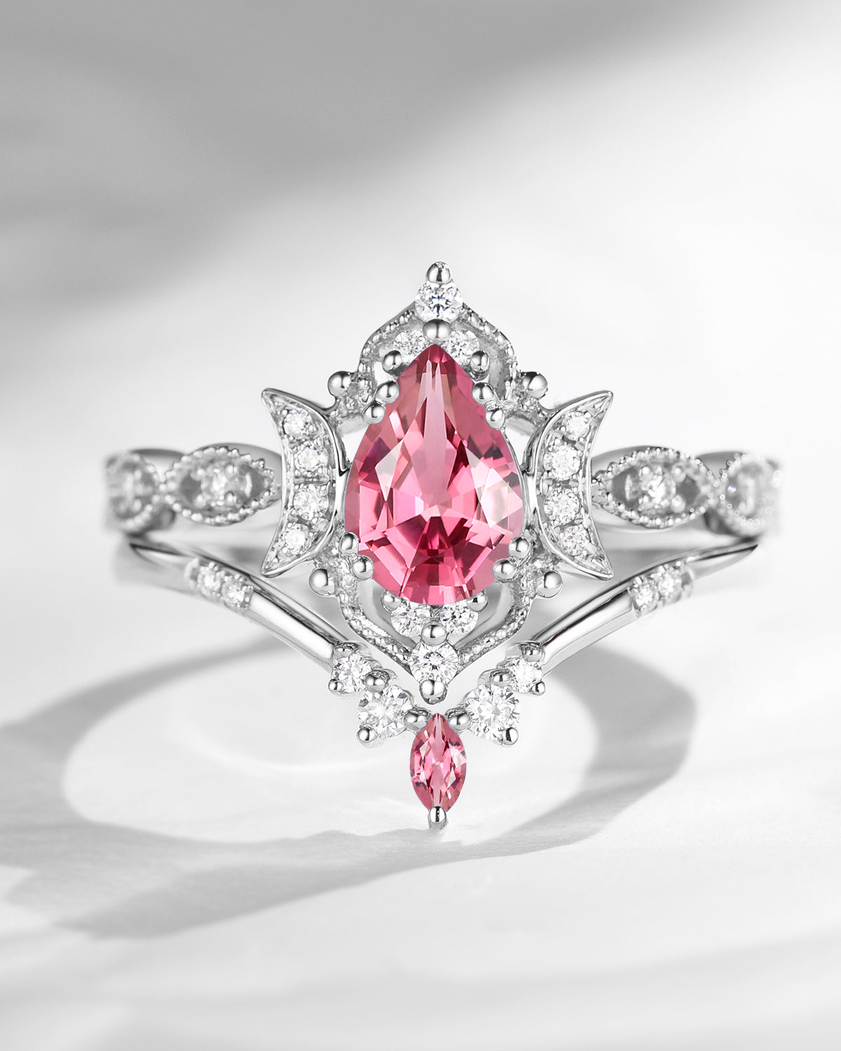 Crescent Moon | Pear Cut Natural Pink Tourmaline Engagement Ring Set 2pcs - Luna