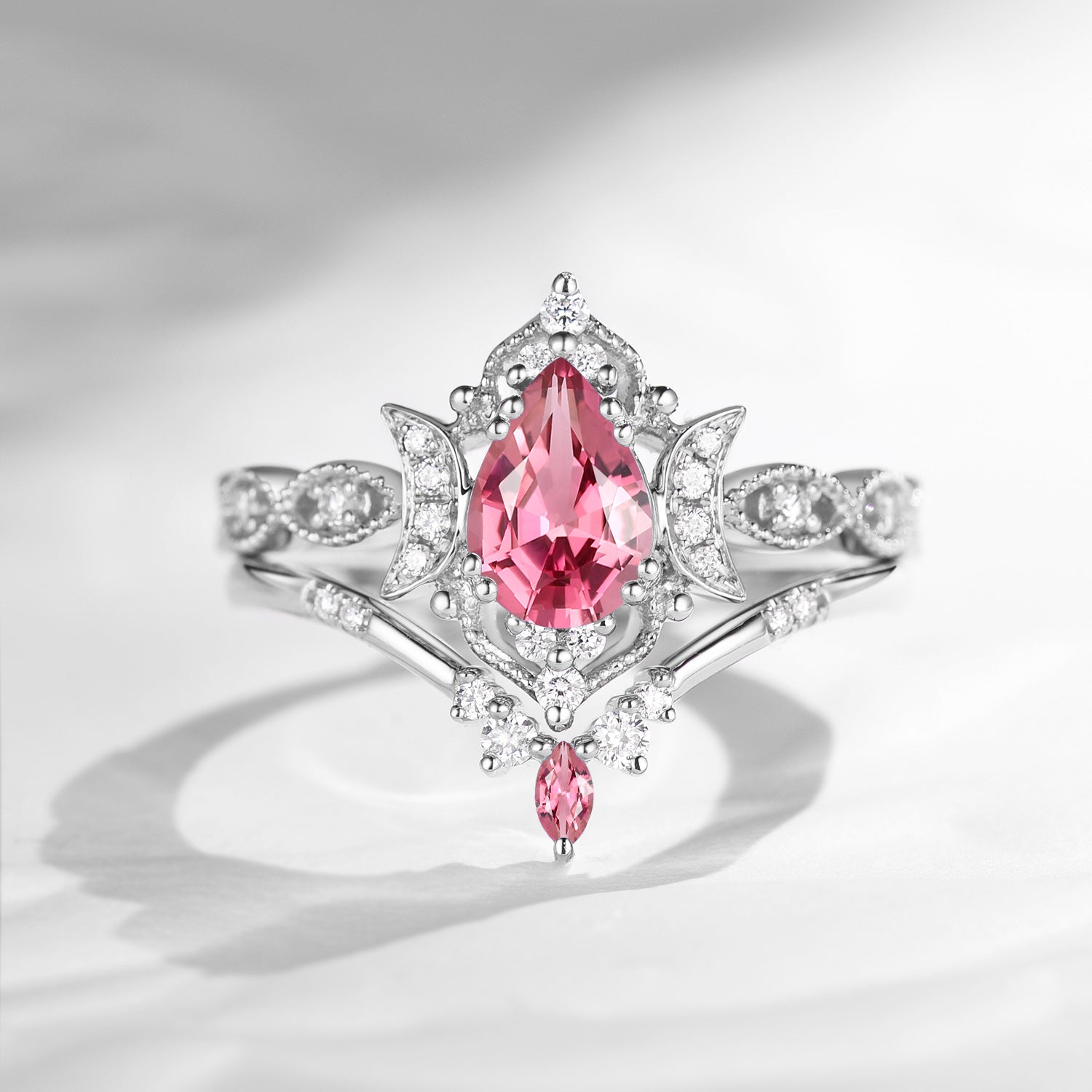 Crescent Moon | Pear Cut Natural Pink Tourmaline Engagement Ring Set 2pcs - Luna