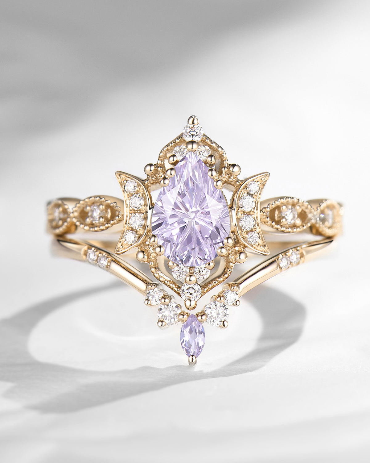 Crescent Moon | Vintage Firework Cut Pear Lab Lavender Sapphire Engagement Ring 2pcs - Luna