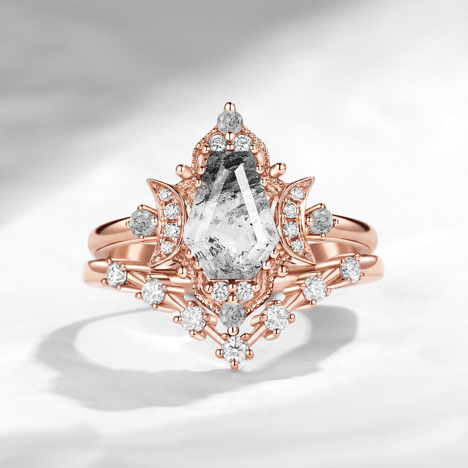 Crescent Moon | Coffin Cut Herkimer Diamond Galaxy Engagement Ring Set 2pcs