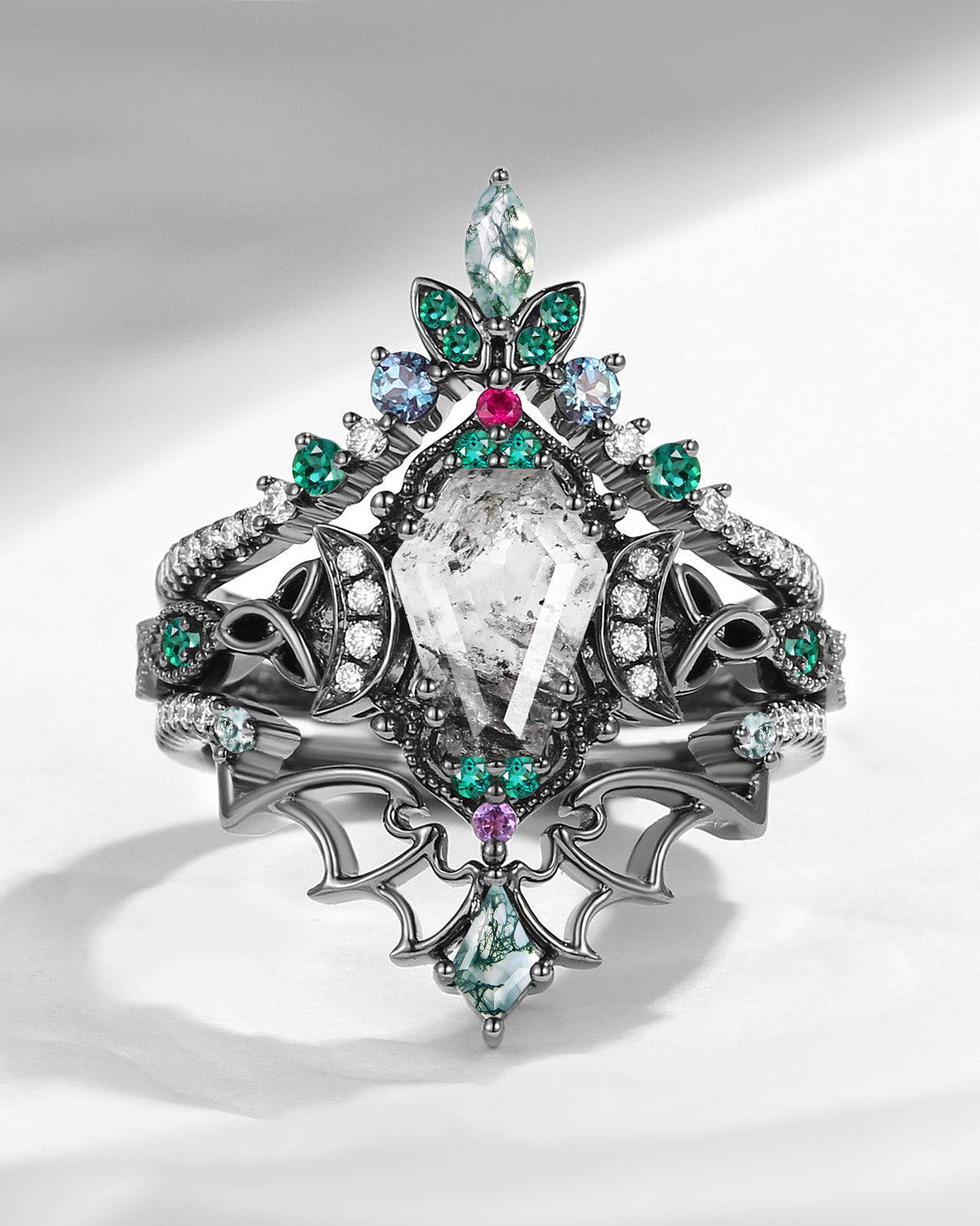 Crescent Moon | Coffin Cut Herkimer Diamond Black Gold Celtic Knot Engagement Ring Set 3pcs