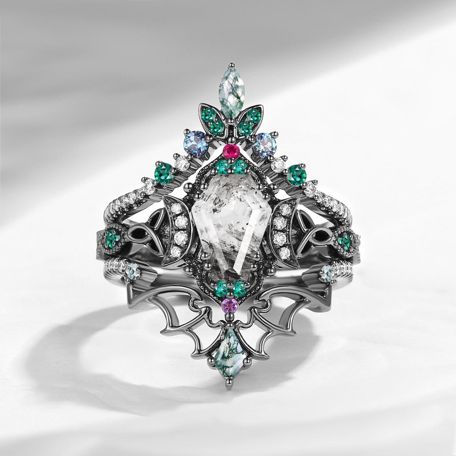 Crescent Moon | Coffin Cut Herkimer Diamond Black Gold Celtic Knot Engagement Ring Set 3pcs