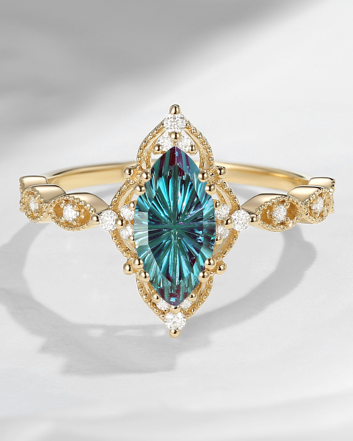 Fantasy Cut Unique Marquise Firework Cut Lab Alexandrite Engagement Ring