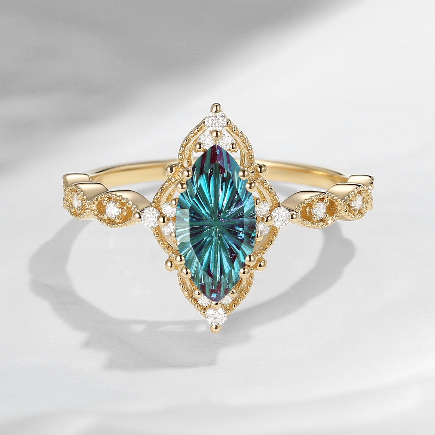 Fantasy Cut Unique Marquise Firework Cut Lab Alexandrite Engagement Ring