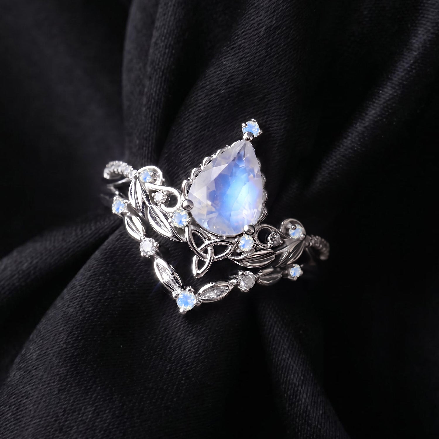 Celtic Calendar - 4.15-5.12 - Nature Inspired Pear Natual Moonstone Celtic Bridal Set with Willow Flow-Inspired Band
