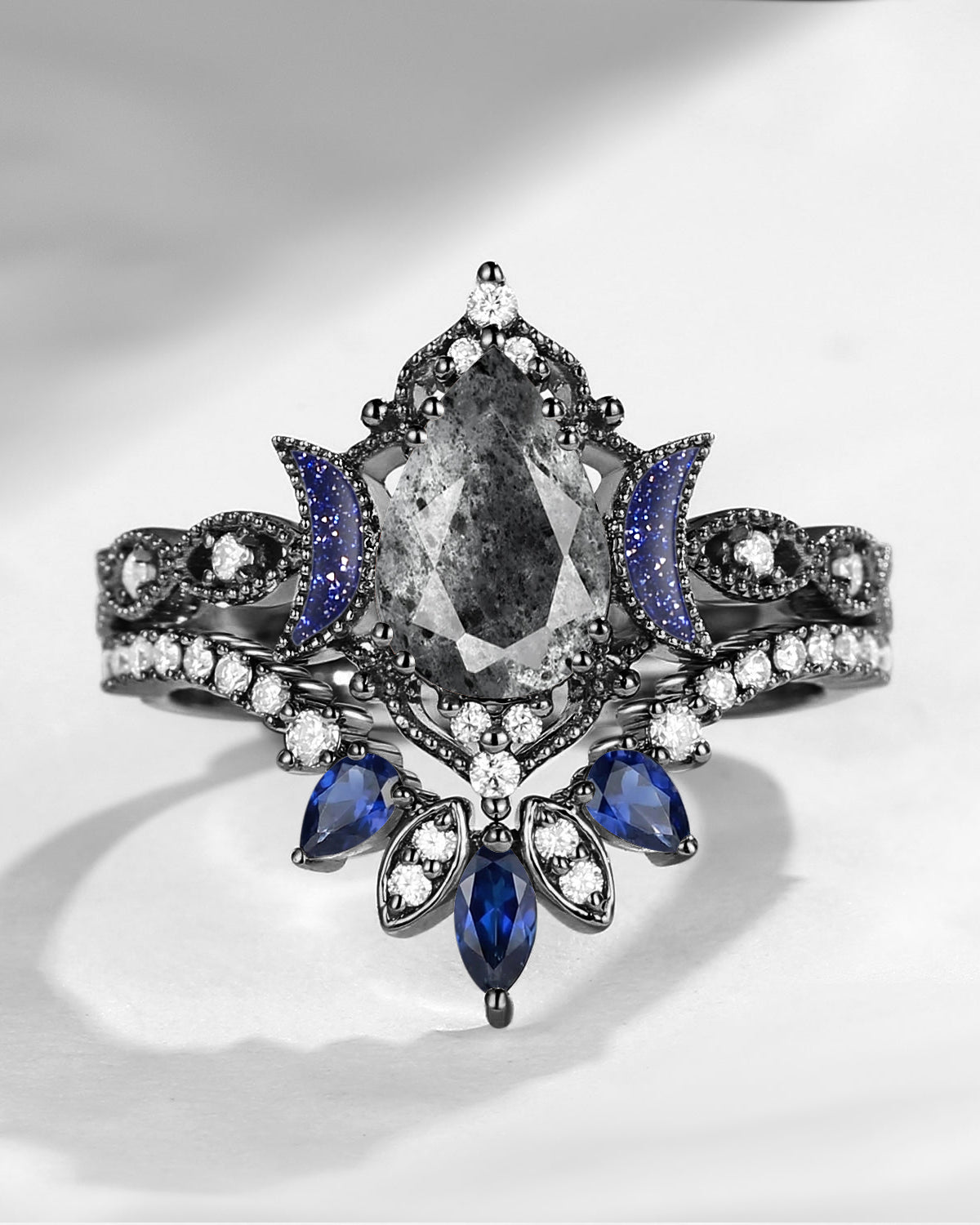 Crescent Moon | Blue Moon Inspired Pear Herkimer Diamond 'Ultra Galaxy' Engagement Ring Set 2pcs