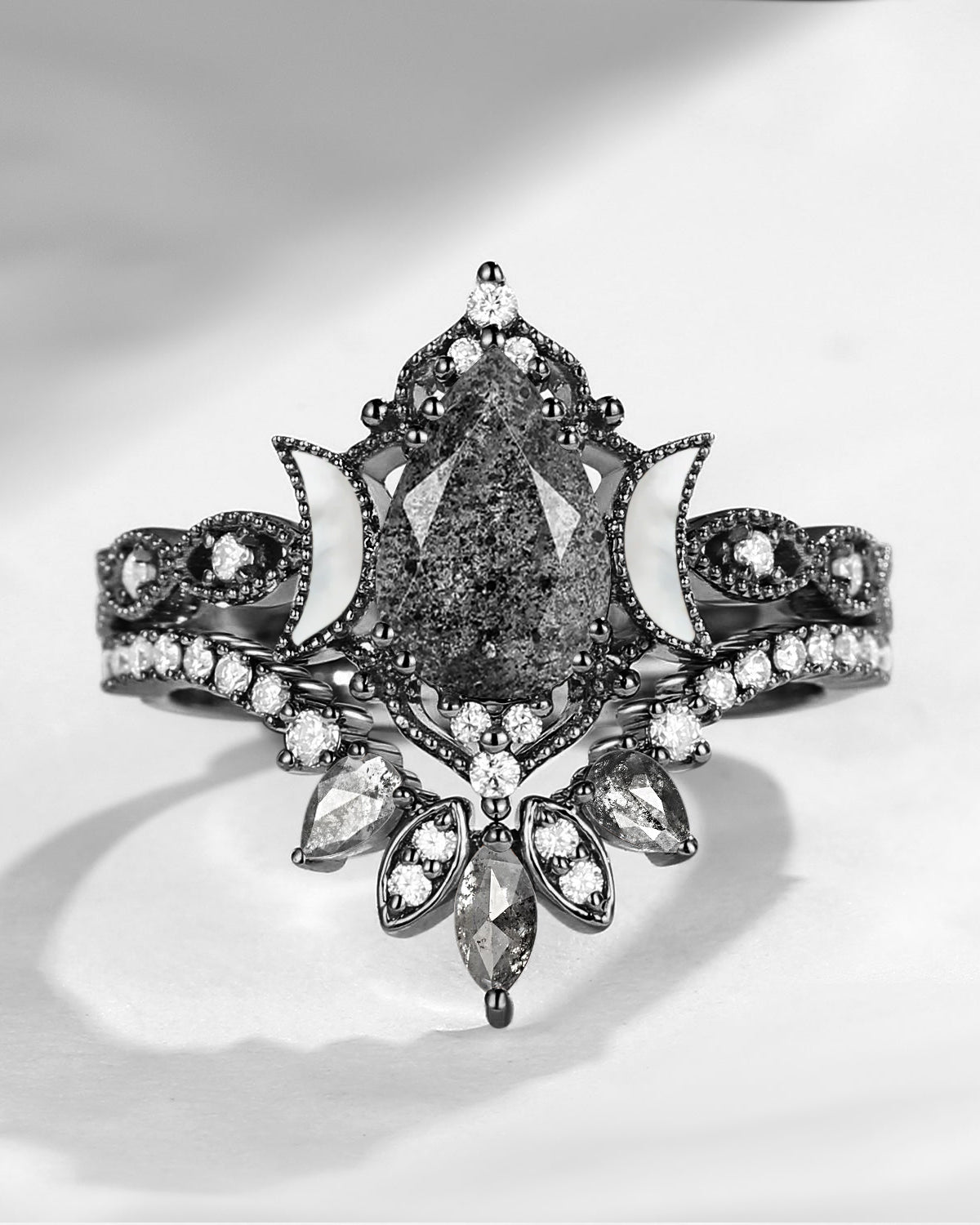 Crescent Moon | Pear Herkimer Diamond & Mother of Pearl Moon 'Ultra Galaxy' Engagement Ring Set 2pcs