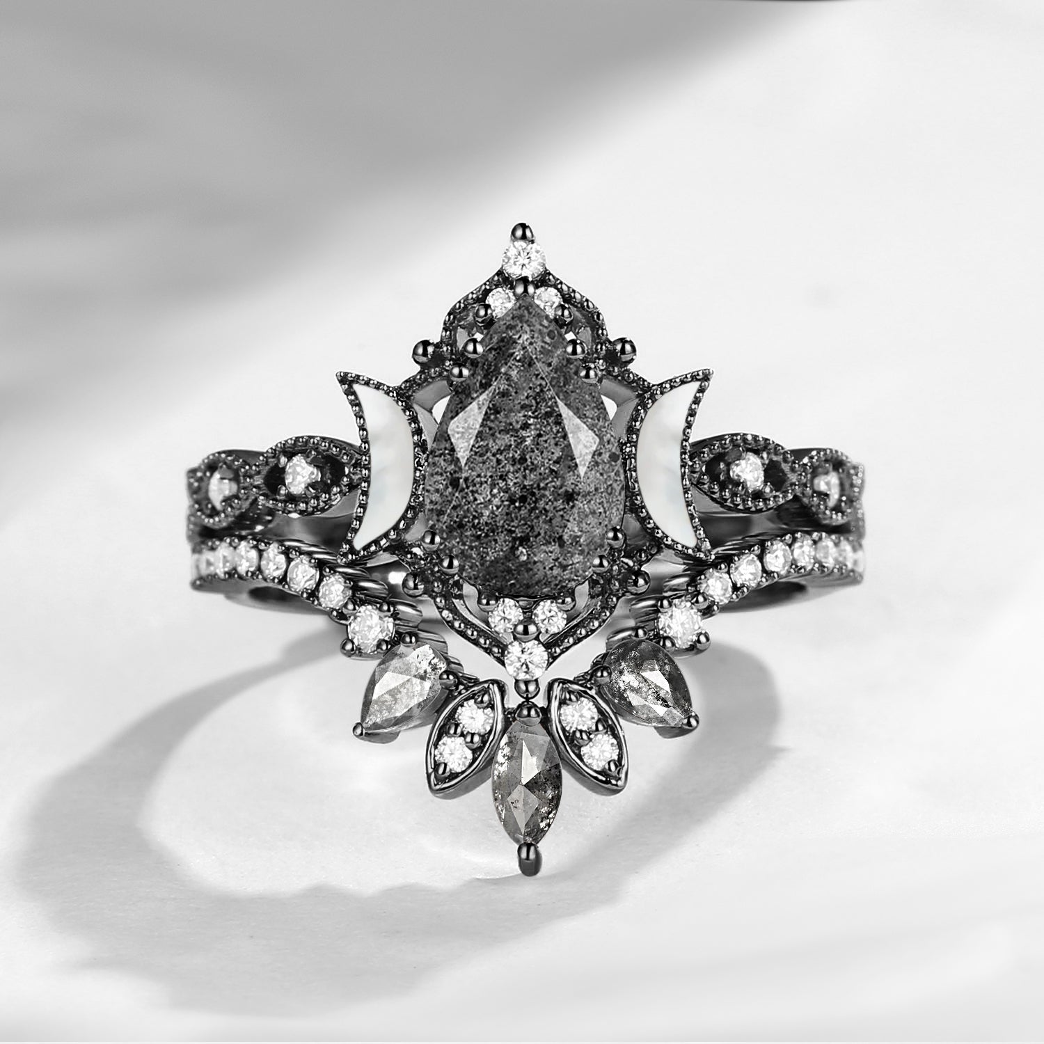 Crescent Moon | Pear Herkimer Diamond & Mother of Pearl Moon 'Ultra Galaxy' Engagement Ring Set 2pcs