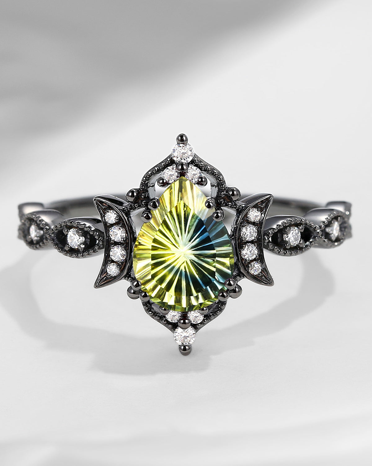 Crescent Moon | Fantasy Carved Pear Shaped Natural Multi-Colored Sapphire Black Gold Engagement Ring