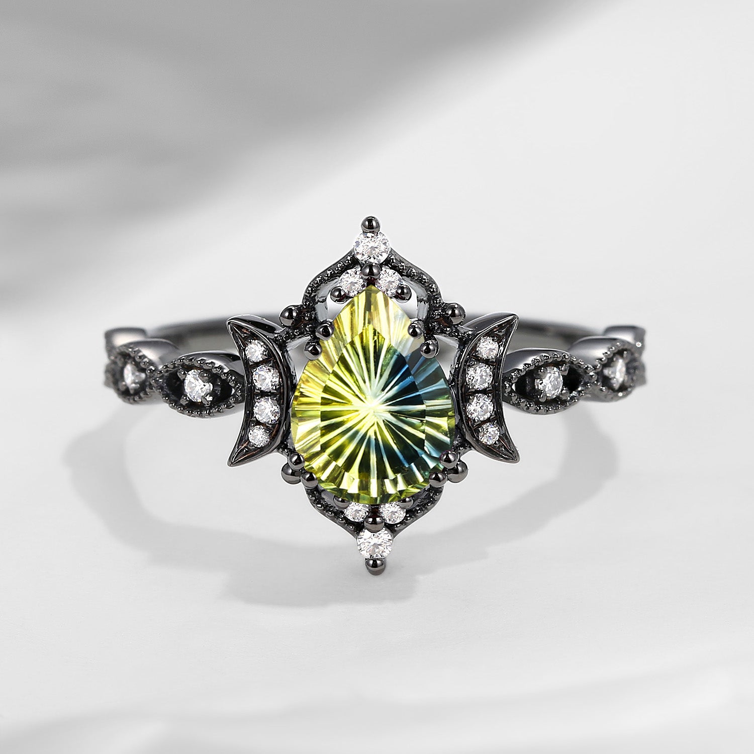 Crescent Moon | Fantasy Carved Pear Shaped Natural Multi-Colored Sapphire Black Gold Engagement Ring