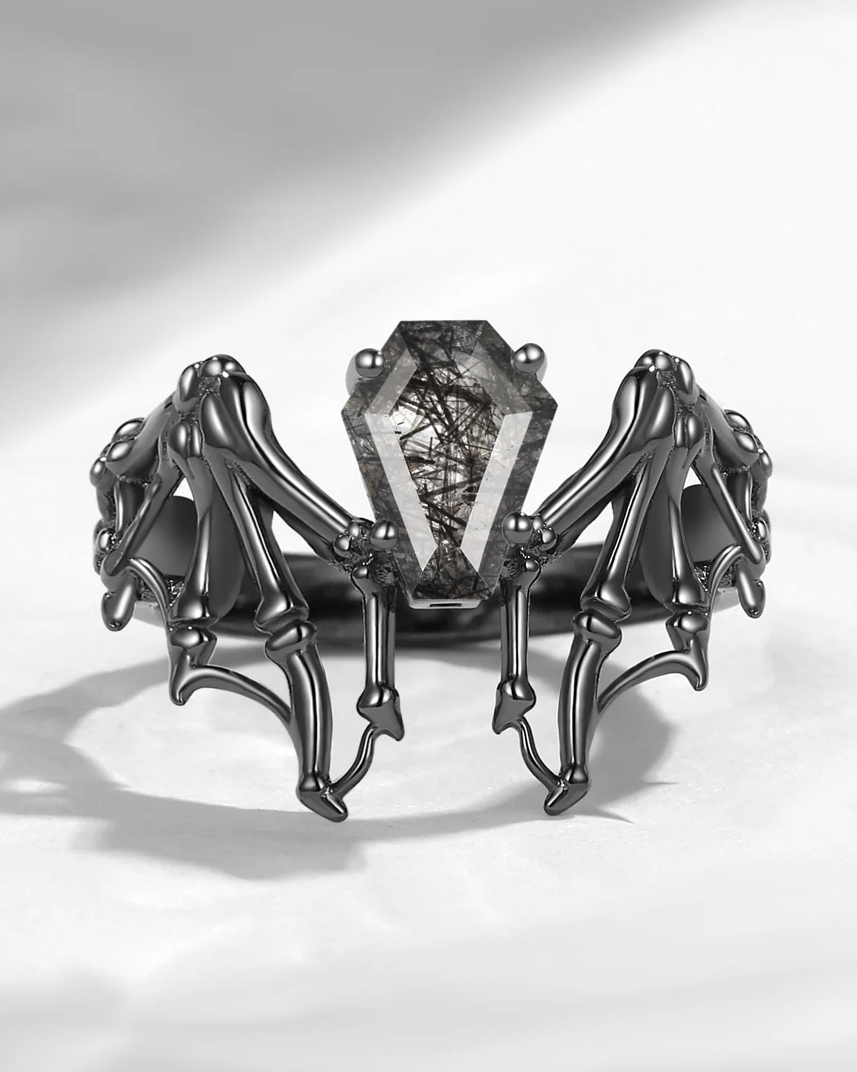 Black Rutilated Quartz Coffin Cut Vintage Inspired Black Gold Engagement Ring - Bat Ring
