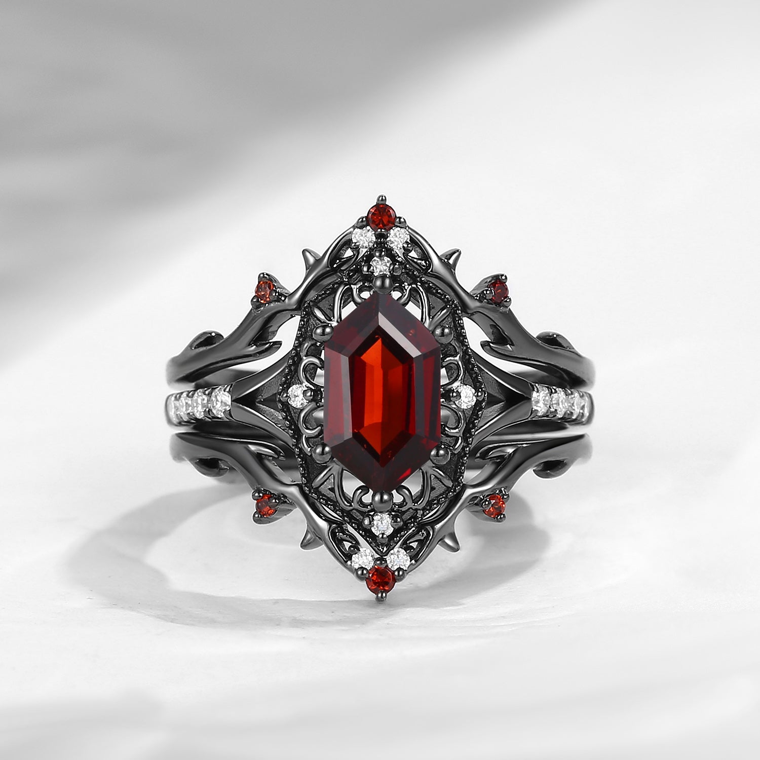 Gothic Inspired Hexagon Cut Garnet Vampire Shield Engagement Ring Set 2pcs