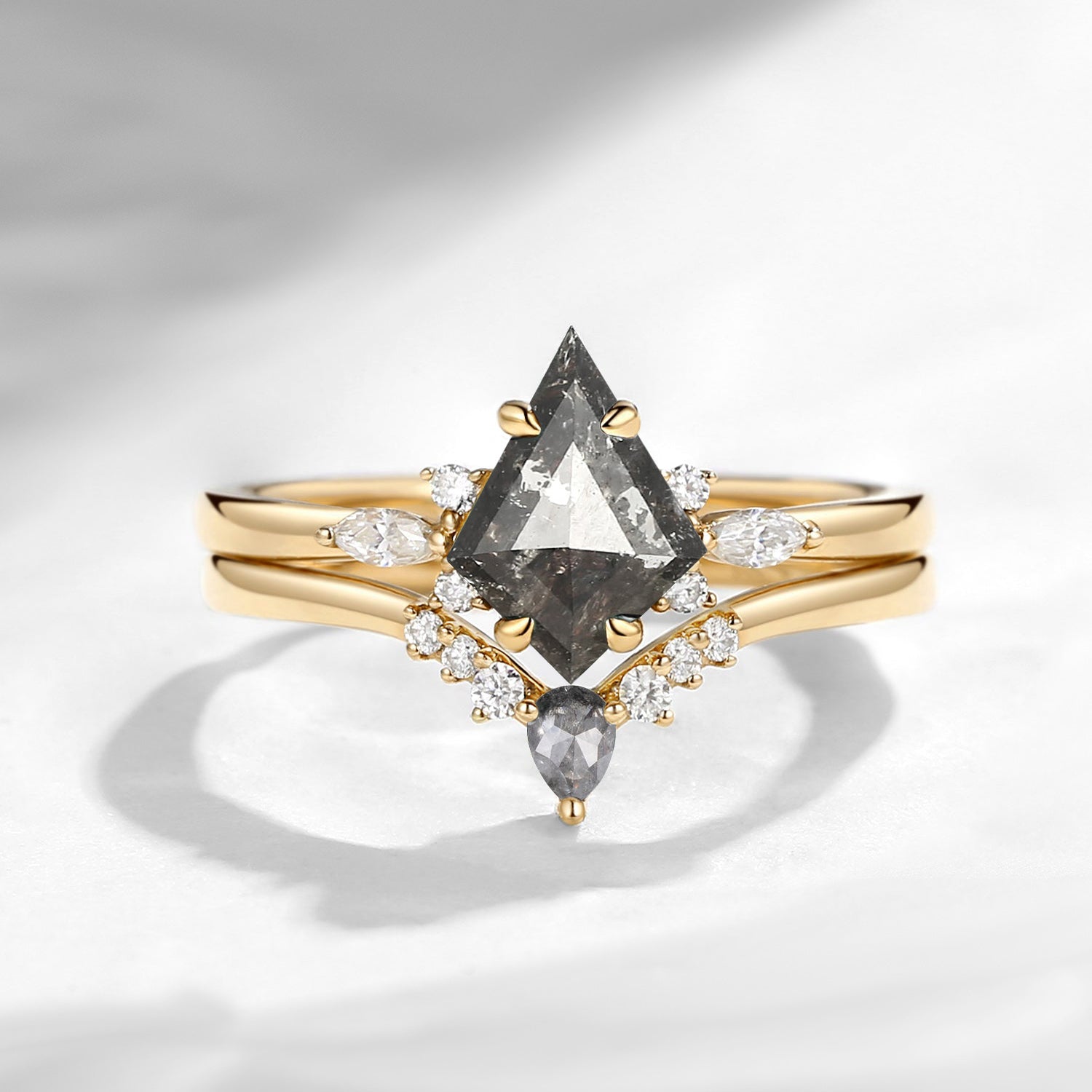 Classic Kite Cut Natural Salt And Pepper Diamond Engagement Ring 2pcs
