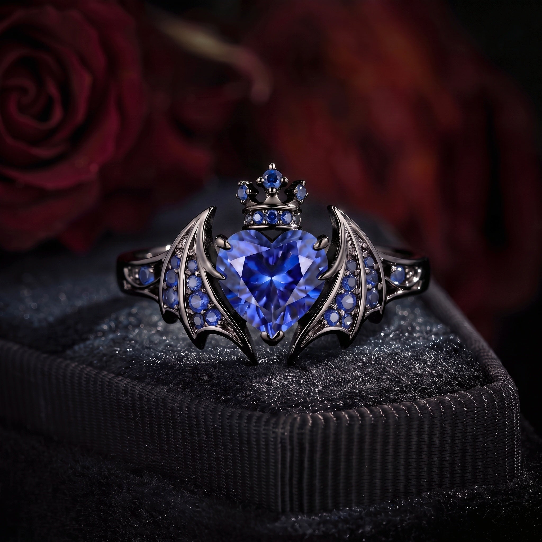 Bat Ring - Gothic Heart Cut Tanzanite Engagement Ring with Bat Wing-inspired Band