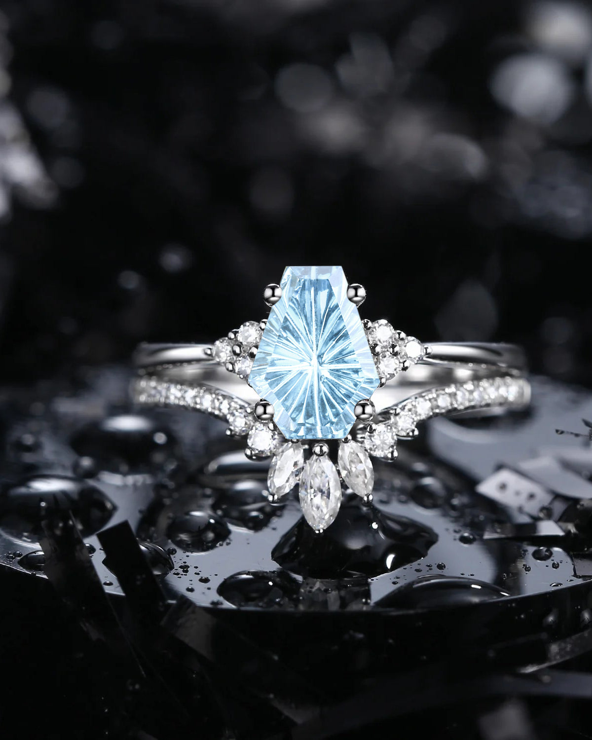 Classic Coffin Cut Fantasy Carved Natural Aquamarine Engagement Set 2pcs - White Dress