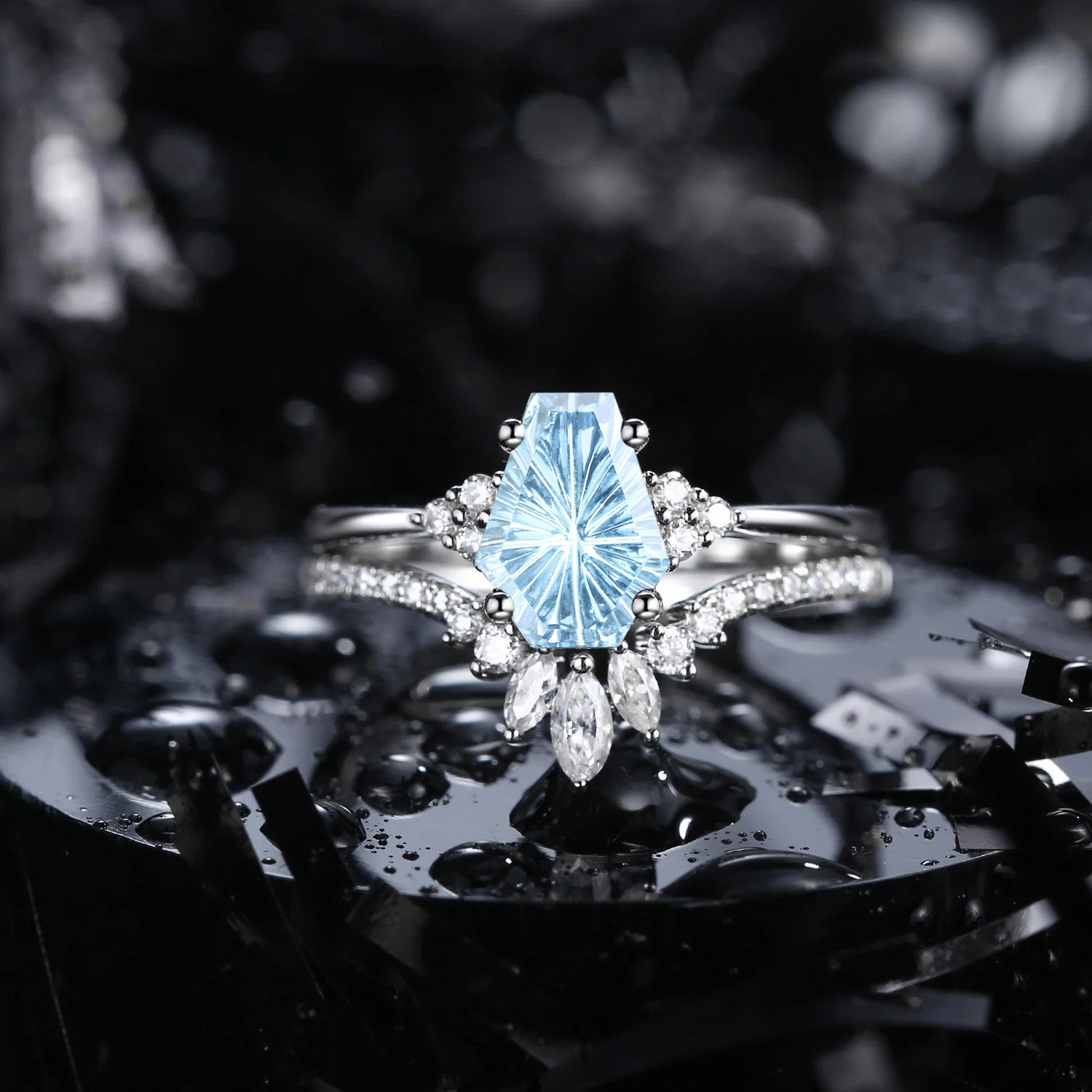 Classic Coffin Cut Fantasy Carved Natural Aquamarine Engagement Set 2pcs - White Dress